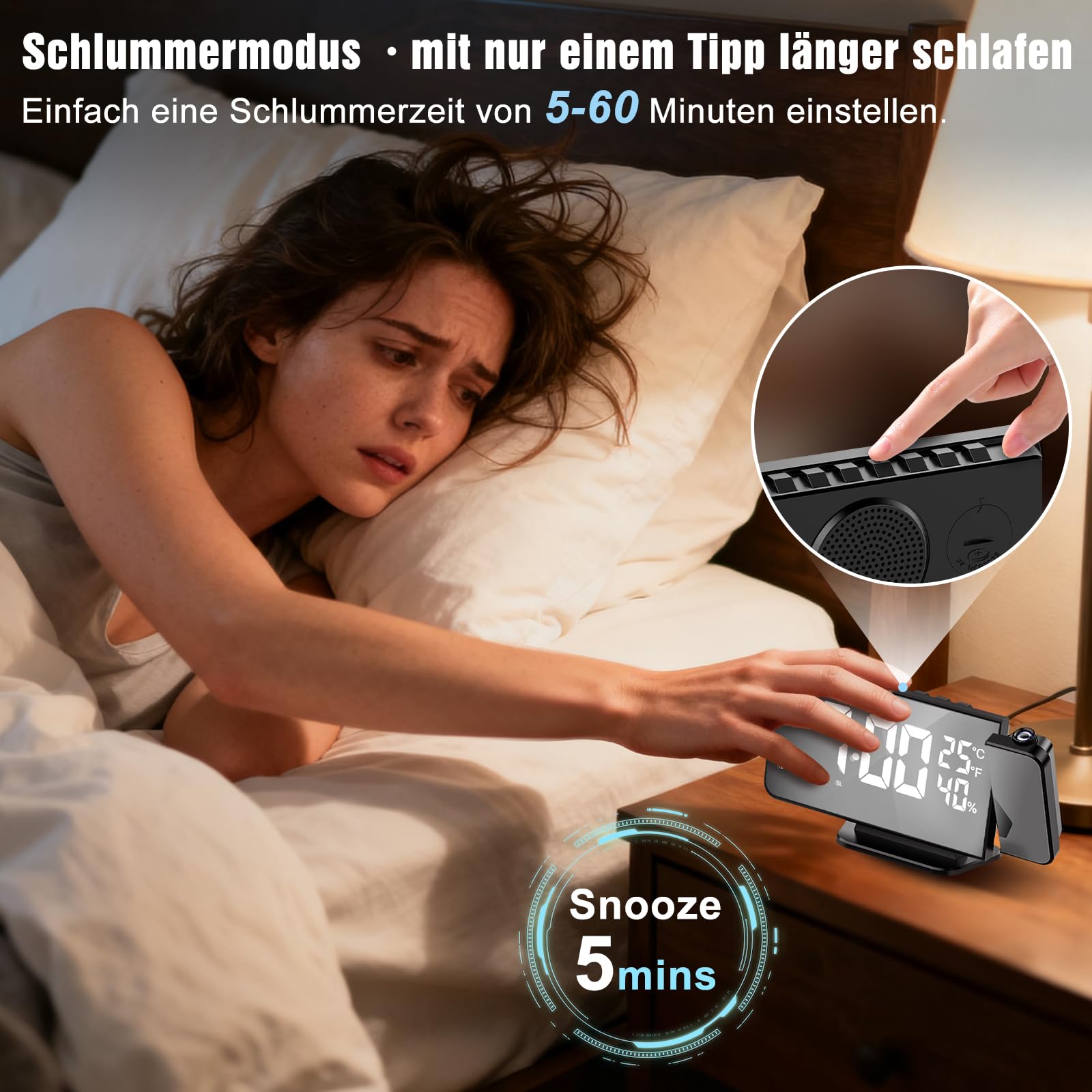 TAKRINK Projektionswecker, Wecker Digital mit 180° Projektion, Reinweiß | 5,5 Zoll LED-Display, 12/24H, FM-Radio, Snooze 5–60 Min., 4 Helligkeiten, USB-Ladeausgang