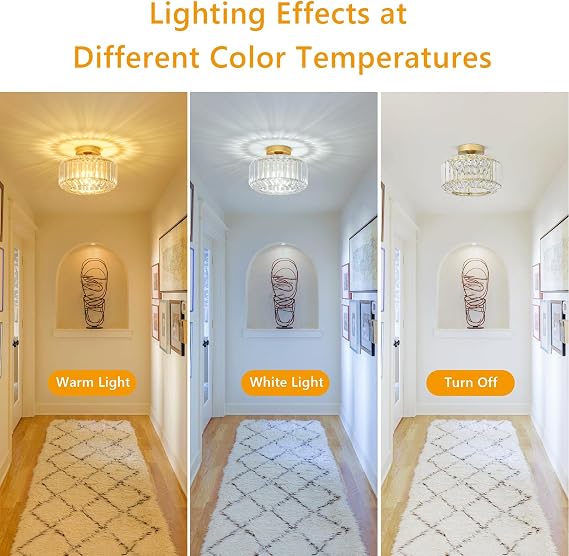 Rayofly Modern Crystal Chandeliers, Gold Ceiling Light Fitting with Glass Lampshade, Semi Flush Lights for Living Room, Bedroom, Kitchen, Hallway, Bathroom [Energy Class D]