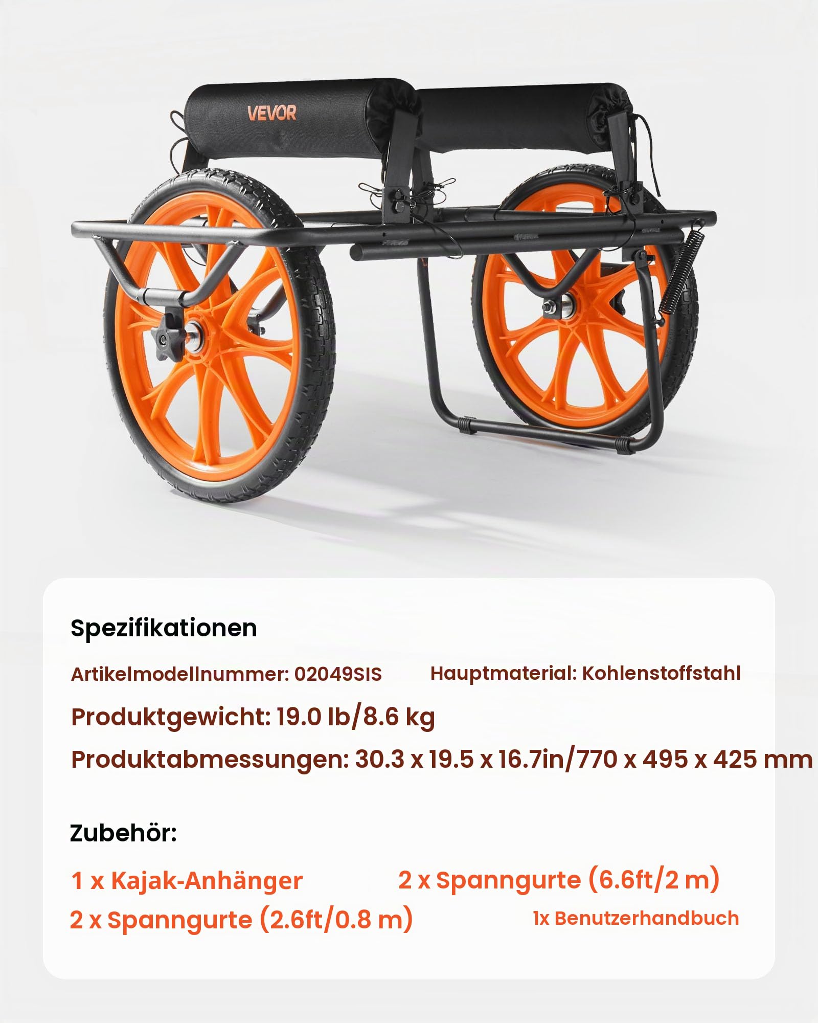 VEVOR Kajakwagen, 150 kg, Kanuwagen mit 38,1 cm Vollgummireifen & Spanngurt, Bootswagen zum Transportieren von Kajaks, Kanus, Paddleboards, Jon-Booten, Wassersportgeräte, 770x495x425 mm