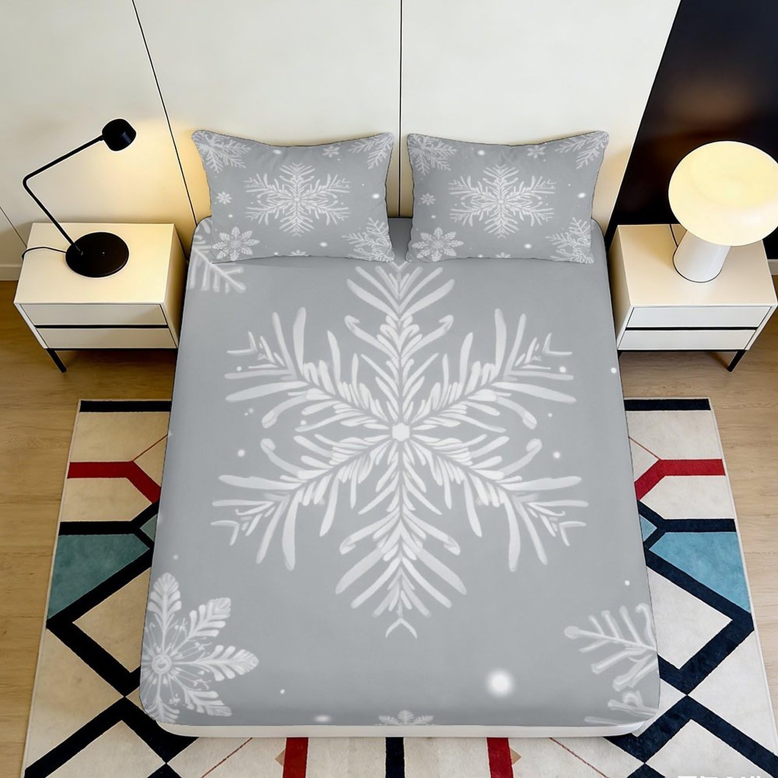 Uynsixtme Style-8 3D Printed Snowflake Pattern Fitted Sheet Microfiber Deep Pocket Bedroom Bedding Snowflake Mattress Fitted Cover Washable For Adults 200X200x25cm