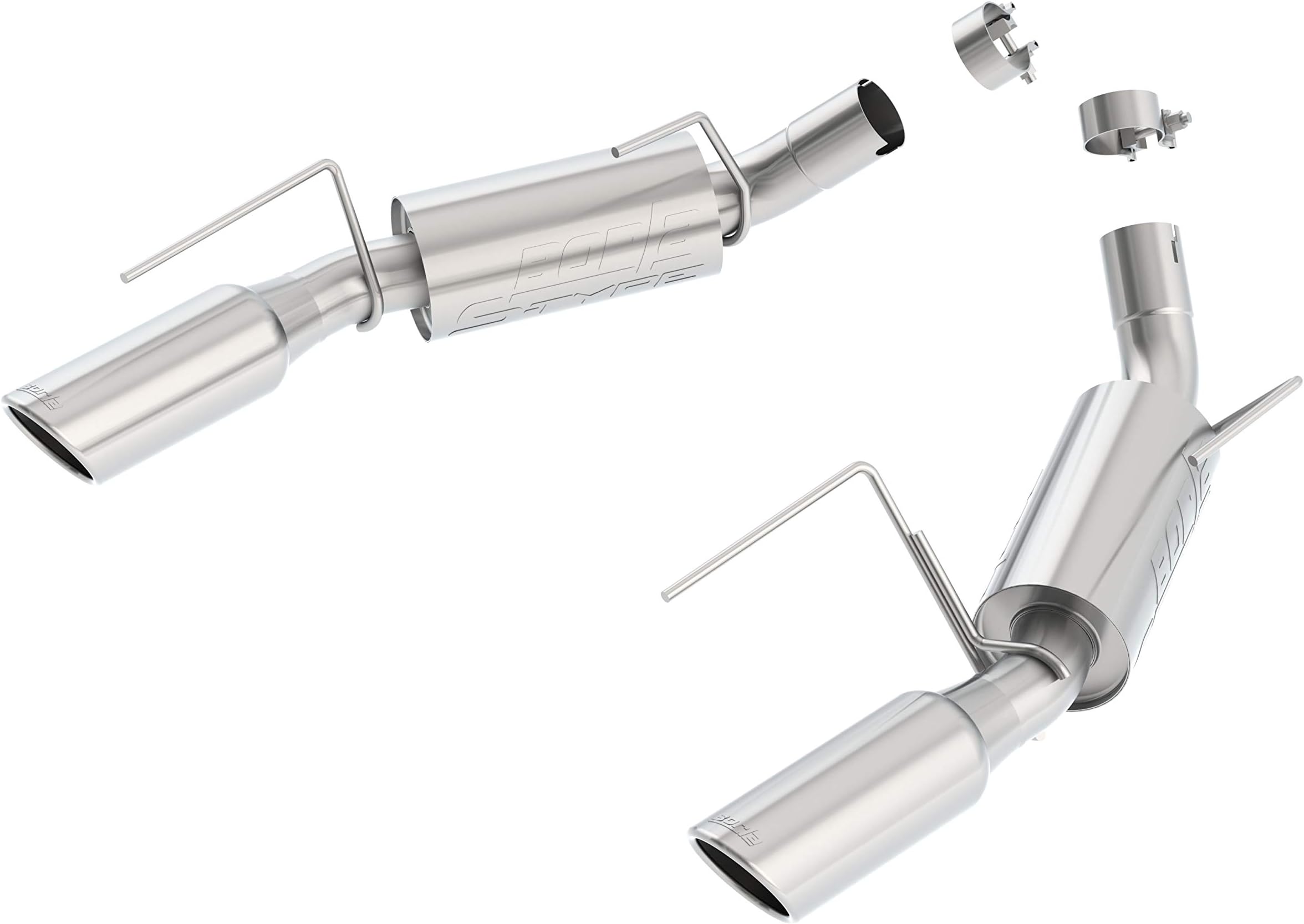 BORLA 11750 Axle-Back Perf. Exhaust Sys. for '05-'09 Ford Mustang GT 4.6L V8 & '07-'09 Shelby GT500 5.4L V8 T-304 Stainless Steel S-Type Dual Split Rear Exit Single 4" Round Chrome Tips Each Side