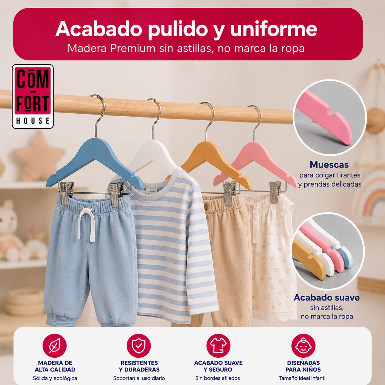 Cintre pour Enfants en Bois avec Pinces Naturel Pack 10 COM-Fort House