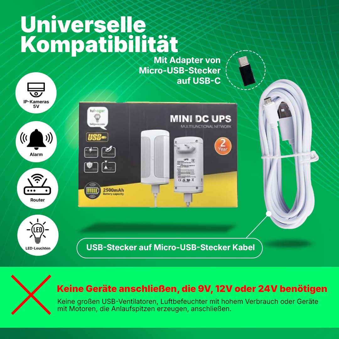 Mini UPS 5V | Mini USV 5V Unterbrechungsfreie Stromversorgung Mit Hoher Kapazität, Interne 2500mAh Batterie | Mini UPS Power Supply| Mini USV Für Router, Kameras und Geräte mit 5 V (max. 2 A)