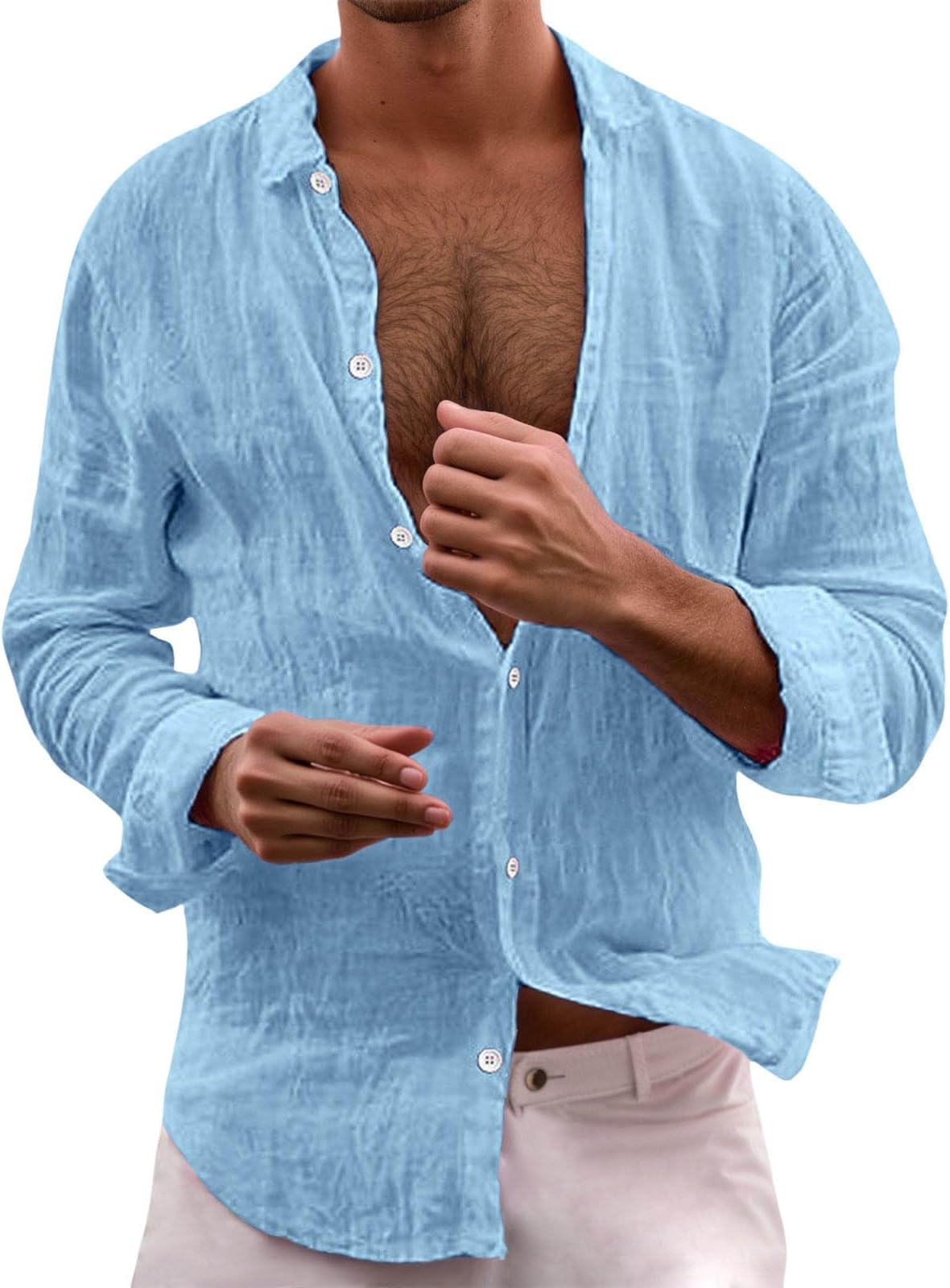 Mens Linen Shirt Long Sleeve Button Down Gauze Shirts Beach Summer Vacation Hawaiian Tops Lightweight Hippie Clothing