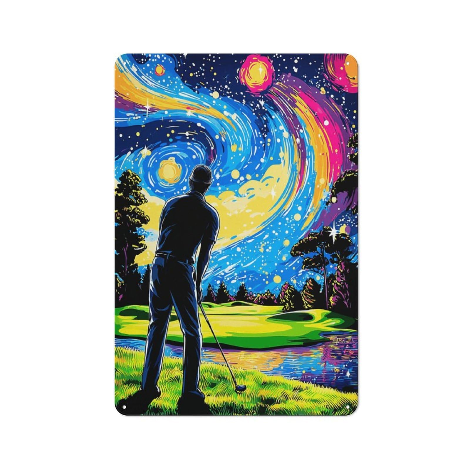Junmoney Starry Night Golfing Adventure Warehouse Style Tin Wall Sign 30X20cm Featuring Loft Wall Plaque For Loft, Studio, Office Or Creative Room
