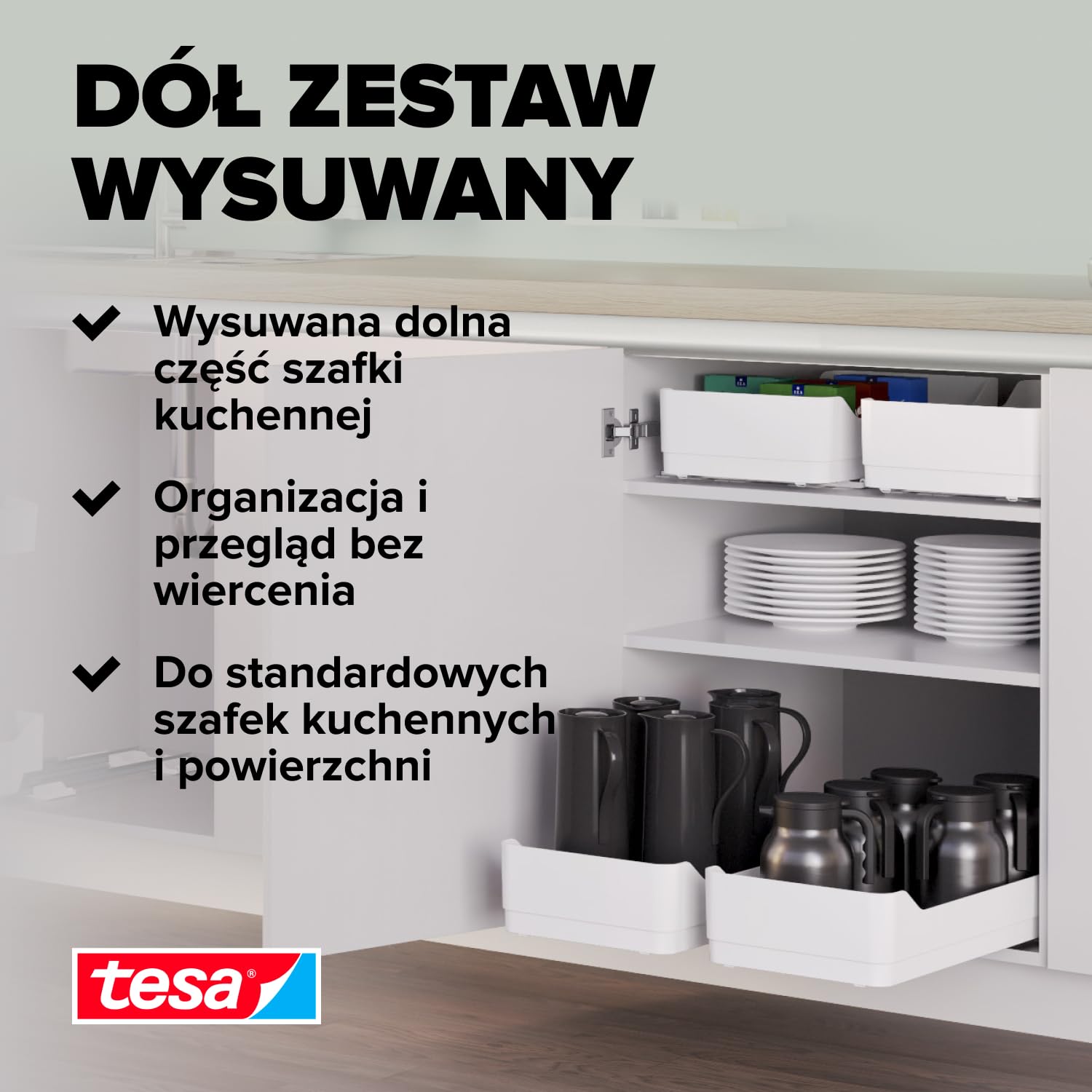 tesa Pull-Out wysuwana szuflada do kuchni - samoprzylepna wysuwana szuflada do szafek kuchennych - bez wiercenia - teleskopowa szuflada na przybory kuchenne