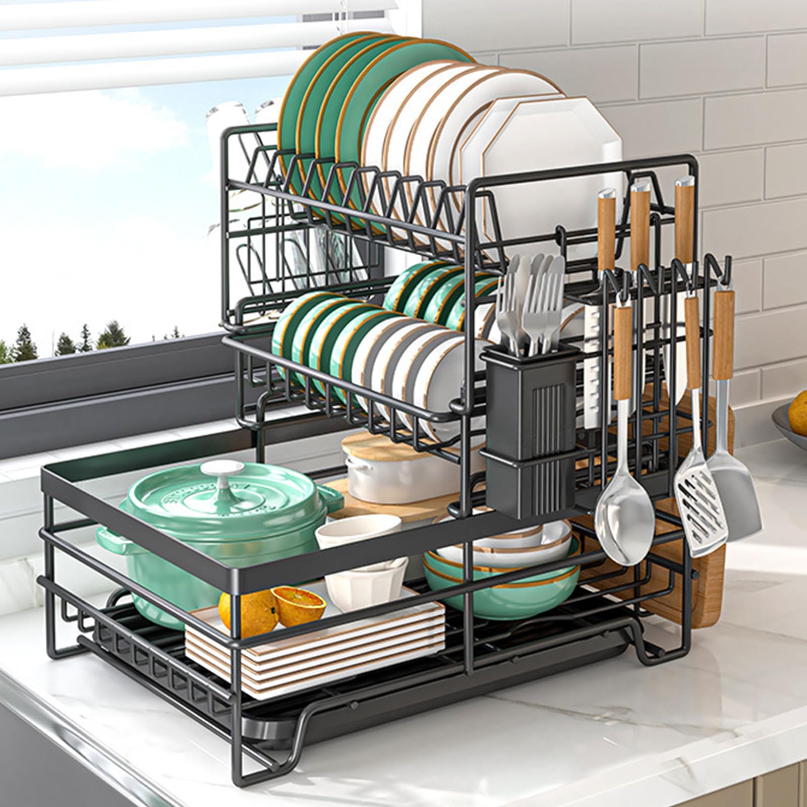 Escurridor de platos de 3 niveles con bandeja de goteo desmontable y soportes para tabla de cortar que ahorra espacio, escurridor de platos grande para encimera, elegante diseño negro