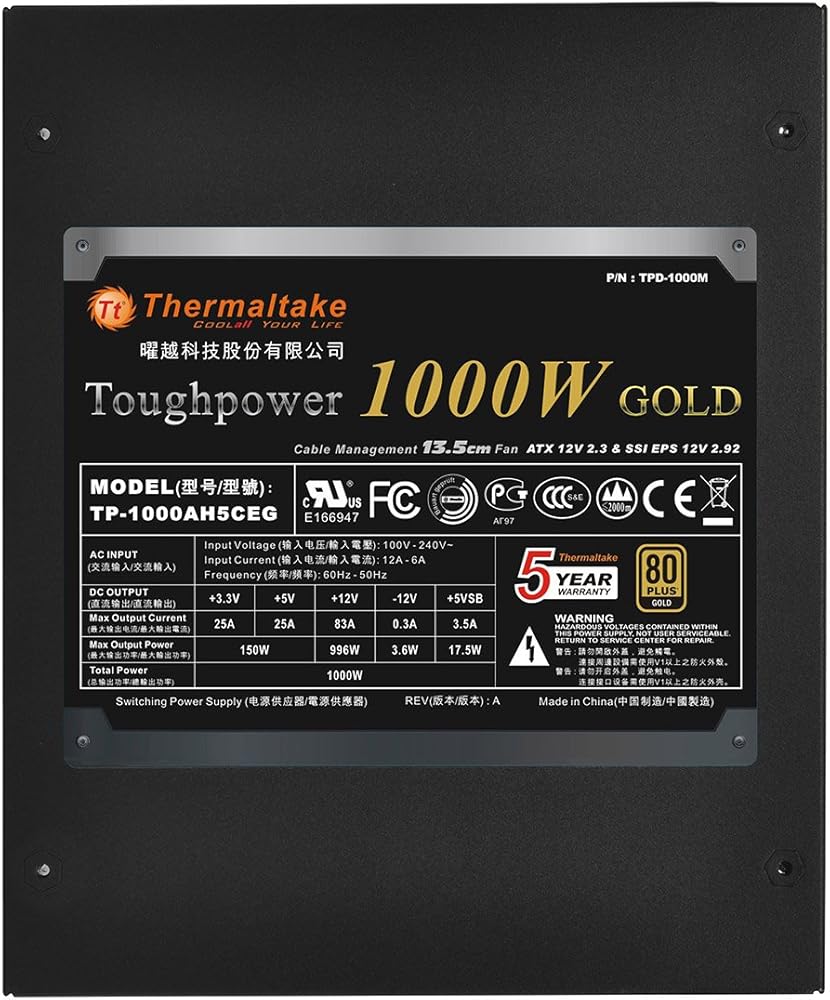 Thermaltake Toughpower 1000W 80 Plus Gold Semi Modular PSU ATX 12V or EPS 12V Ultra Quiet Power Supply thumbnail 3