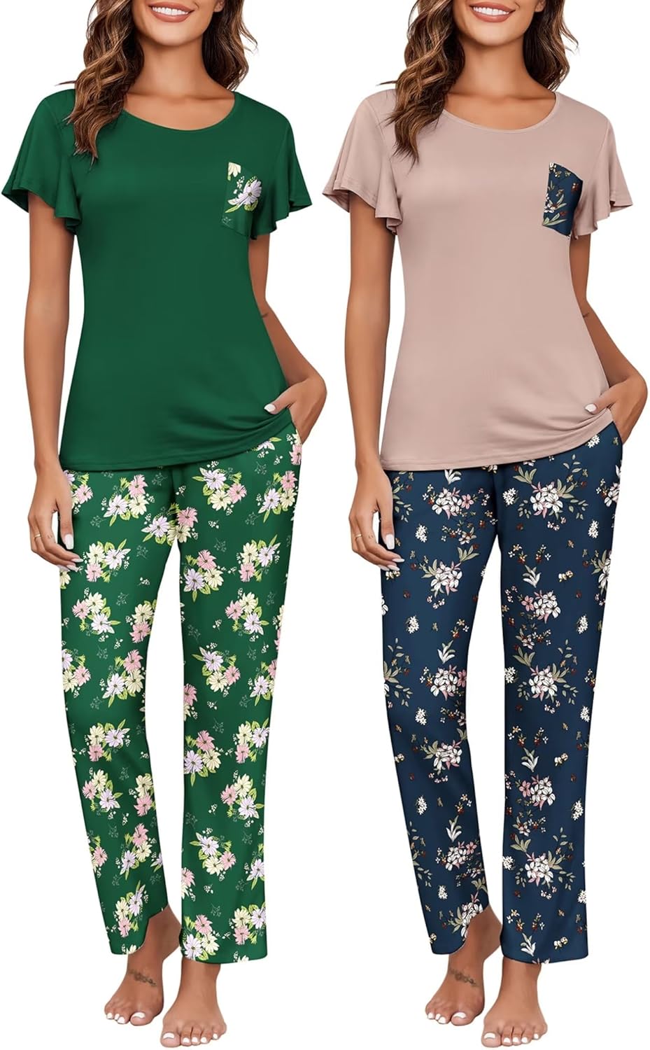 Ekouaer Pajamas for Women Set 2 Piece Comfy Loungewear, Lightweight Pjs Sleepwear, Short Sleeve Top & Long Pants with Pockets