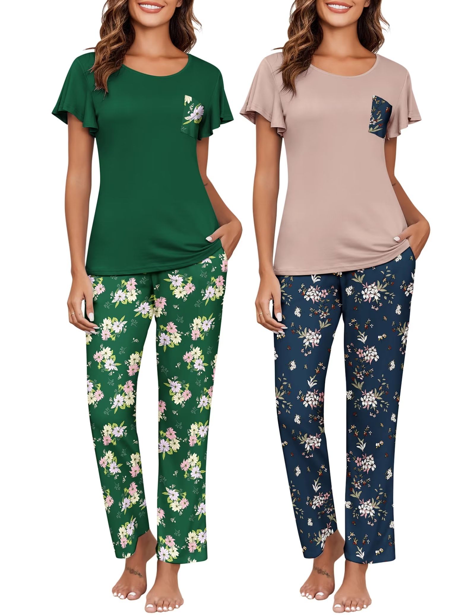 Ekouaer Pajamas for Women Set 2 Piece Comfy Loungewear, Lightweight Pjs Sleepwear, Short Sleeve Top &amp; Long Pants with Pockets