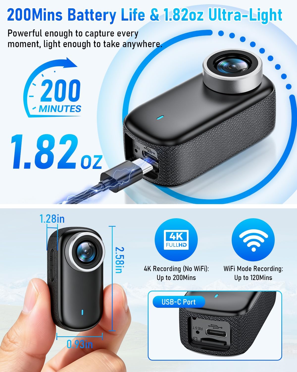 4K Mini Body Camera with 1.47" Screen, Waterproof Thumb Size Wearable Action Camera with Magnetic Clip & Helmet Mount, 64GB Portable POV Camcorder for Vlogging, Cycling, Travel, Outdoor Sports, Wi-Fi