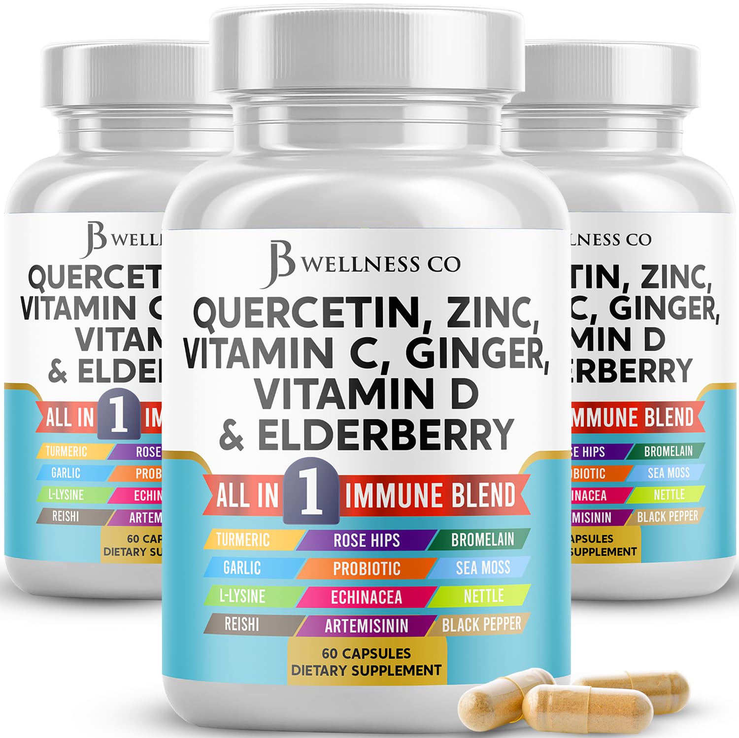 JB Wellness Co Quercetin Zinc Vitamin C Vitamin D Bromelain Elderberry - Nettle Supplement with Artemisinin, Sea Moss, Echinacea - 180 Count 60 Count (Pack of 3)