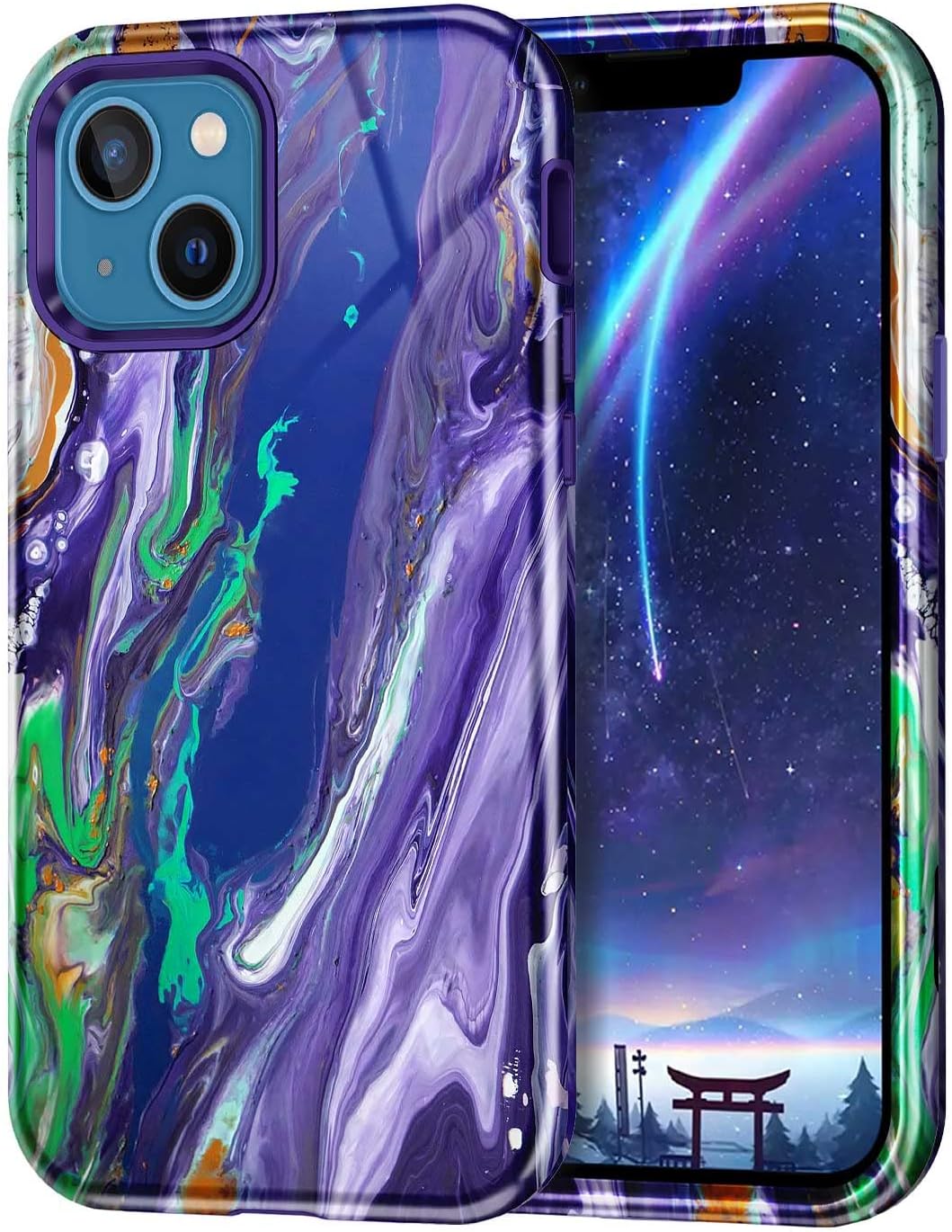 CASEFIVCompatible with iPhone 13 Case, Marble Pattern 3 in 1 Heavy Duty Shockproof Full Body Rugged Hard PC+Soft Silicone Drop Protective Girls Women Cover for iPhone 13 6.1 inch 2021, Dreamland