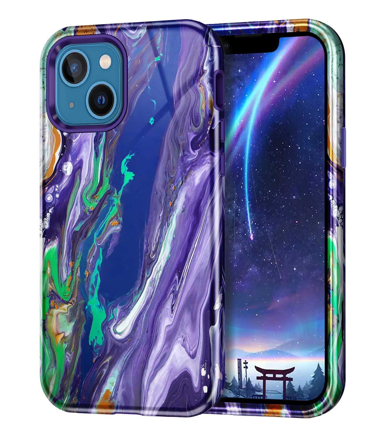 CASEFIVCompatible with iPhone 13 Case, Marble Pattern 3 in 1 Heavy Duty Shockproof Full Body Rugged Hard PC+Soft Silicone Drop Protective Girls Women Cover for iPhone 13 6.1 inch 2021, Dreamland