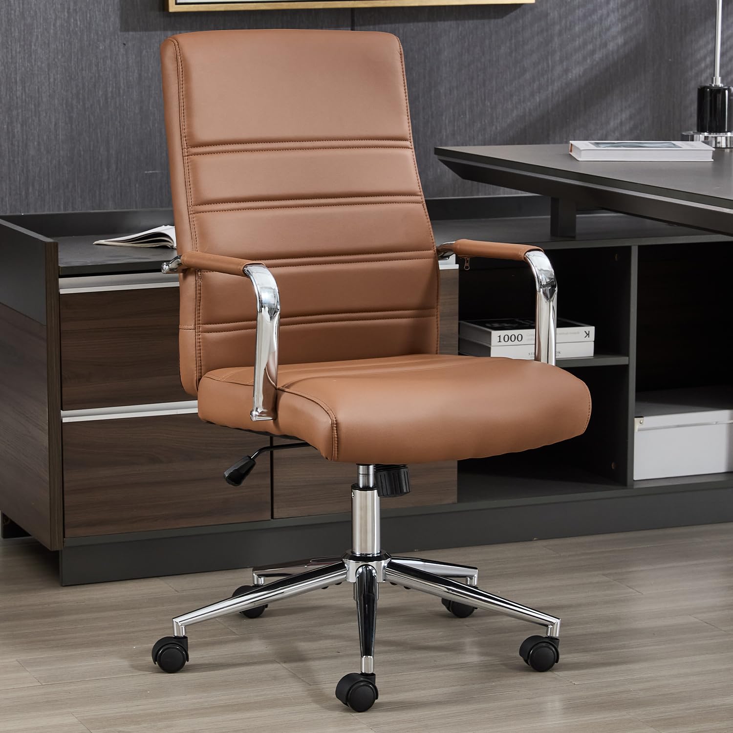 Office Desk Chair Leather, Conference Room Chairs with Wheels, Modern Executive Office Chairs Adjustable Height, Ergonomic Swivel Rolling Ribbed