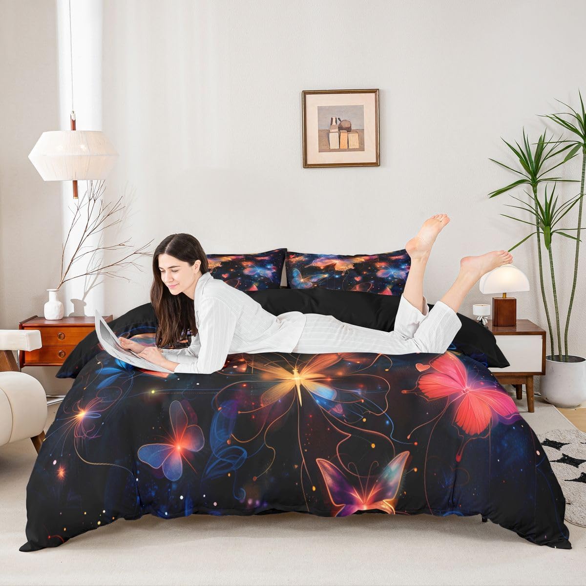 Gradient Butterfly Duvet Cover Set Toddler Size,Galaxy Star Love Heart Bedding Set 2pcs,Sparkling Dreamy Quilt Cover with Zipper Closure,Neon Animal Girls Room Decor, 1 Pillowcase,No Comforter