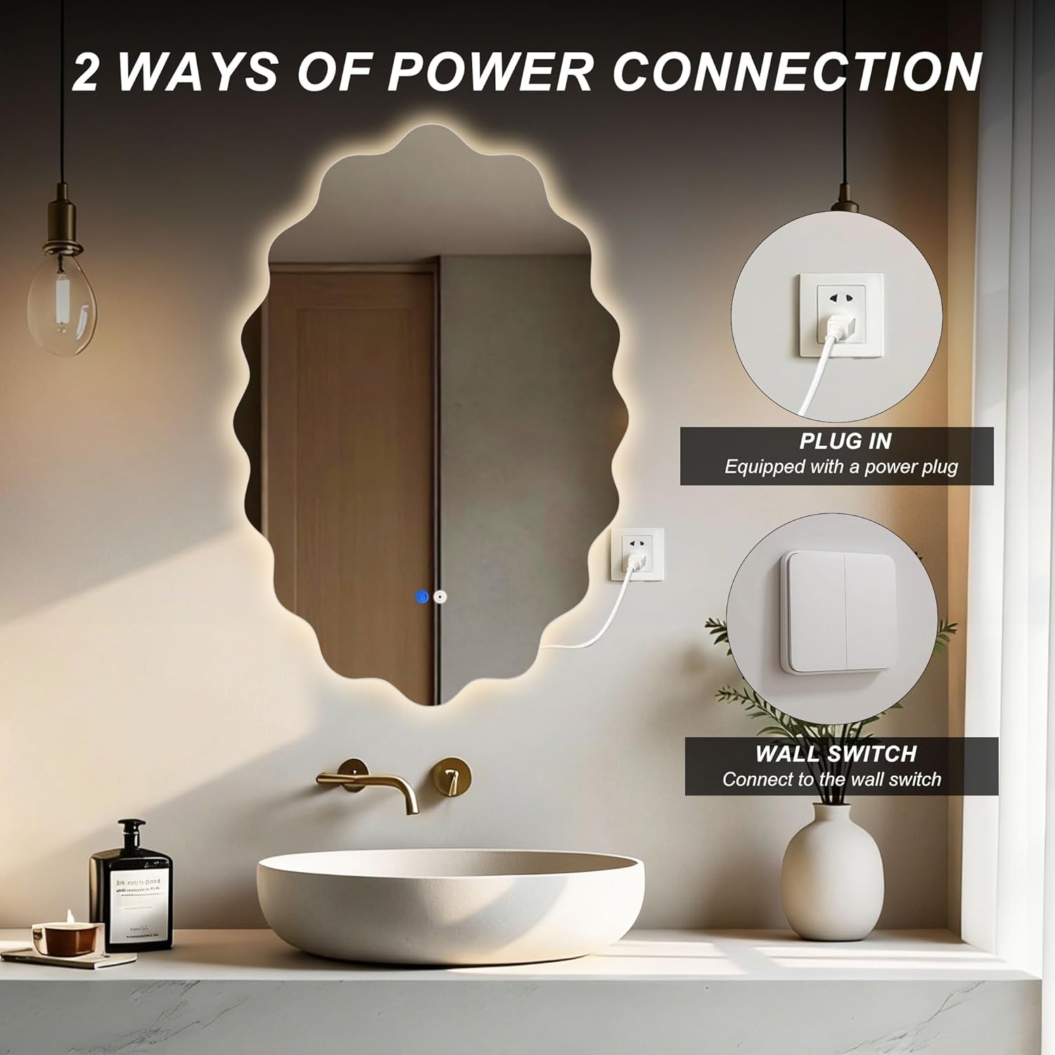 Oval Wavy Led Bathroom Mirror 24 x 36 inch,3 Color Asymmetrical Vanity Mirror with Lights for Wall Decoration, Dimmable,Anit-Fog,Tempered Glass,Memory x1