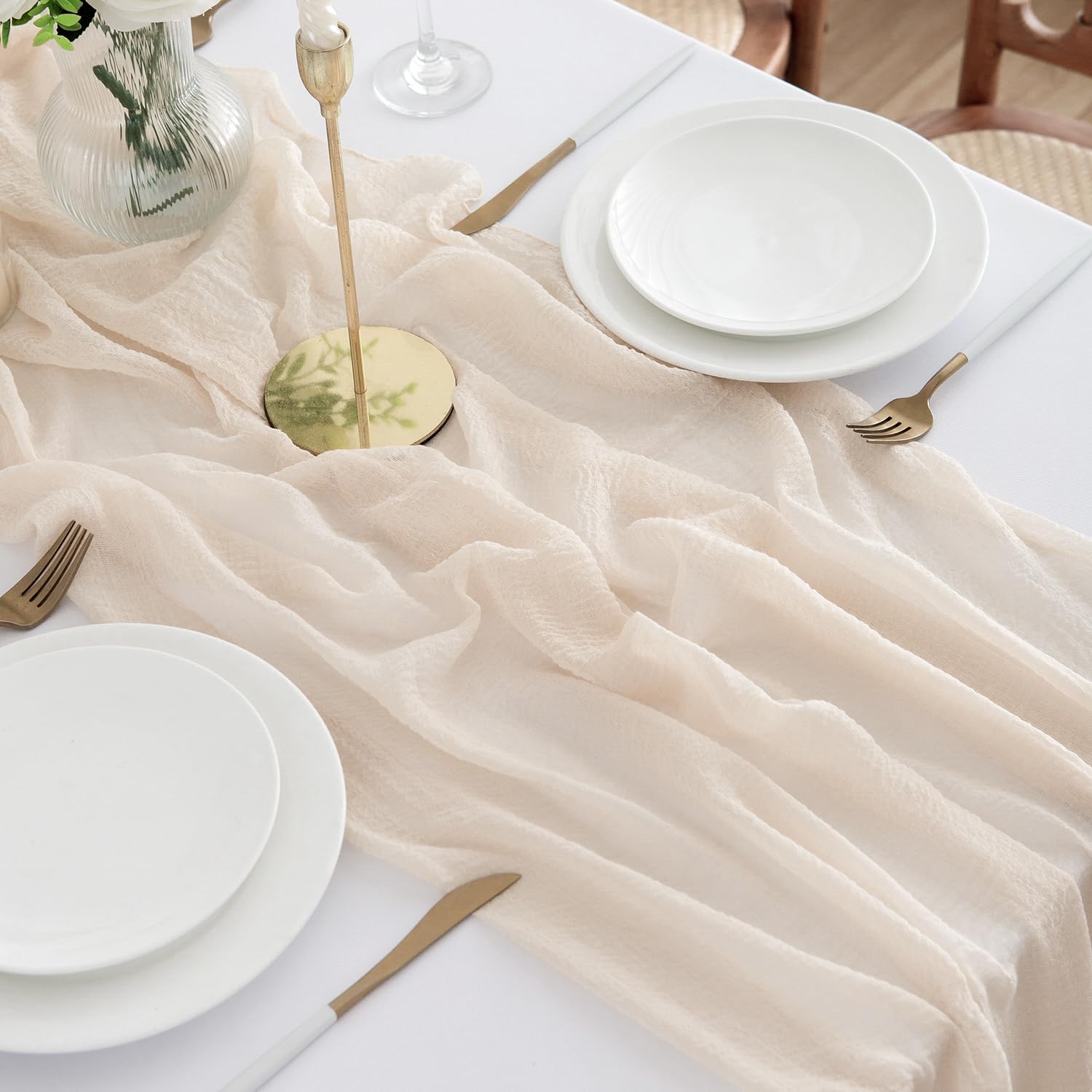 Beige Tischläufer aus Käsetuch, 300 x 80cm Musselin Tischdeko, Boho Gaze Stoff Dekostoff, Rustikal Seihtuch Waschbar für Hochzeit, Geburtstag, Taufe Dekoration