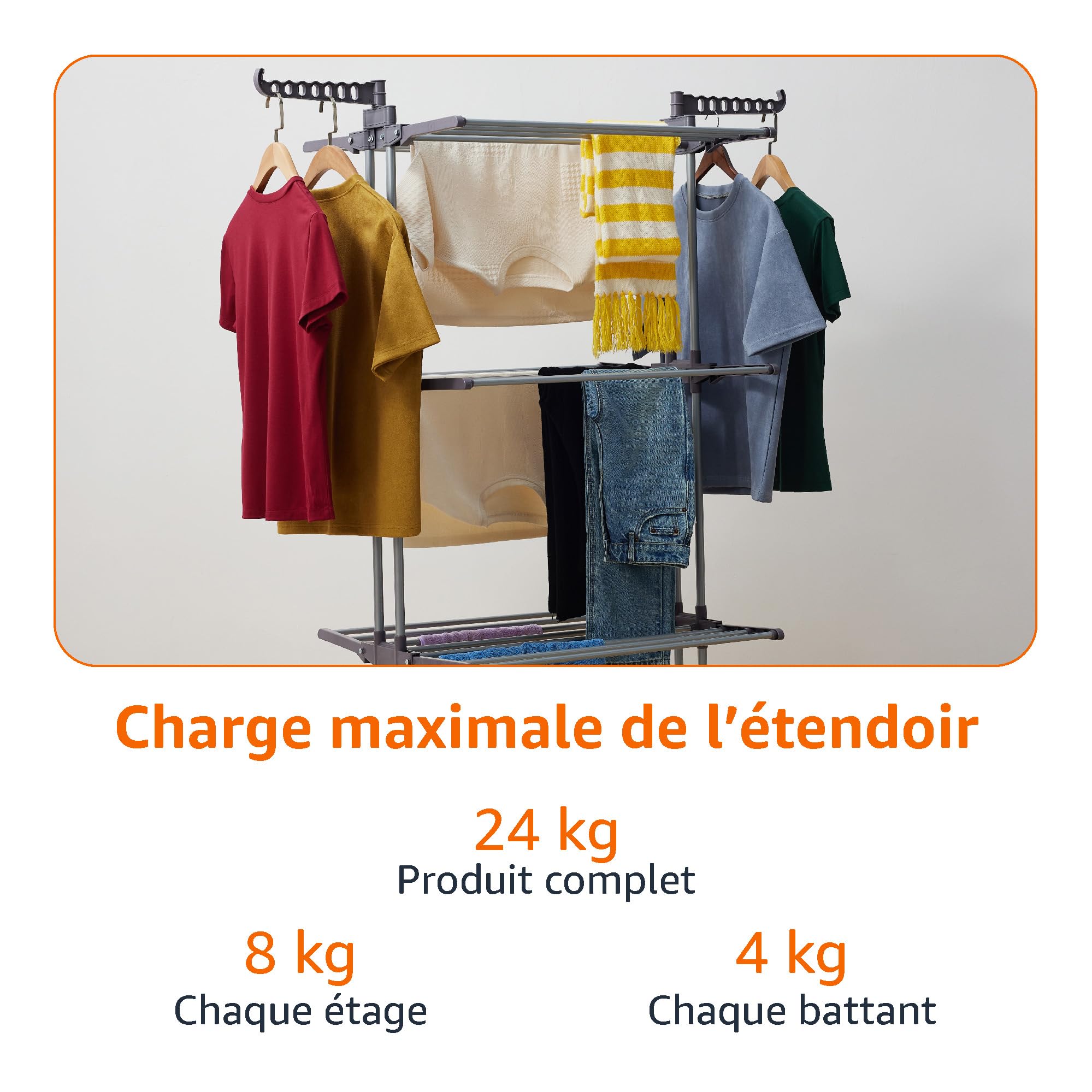 Amazon Basics Séchoir à Linge Intérieur, à Ailes Pliables, à 4 Niveaux, 72,9 à 126 x 64 x 173 cm (L x L x H), Argenté, pour Vêtements