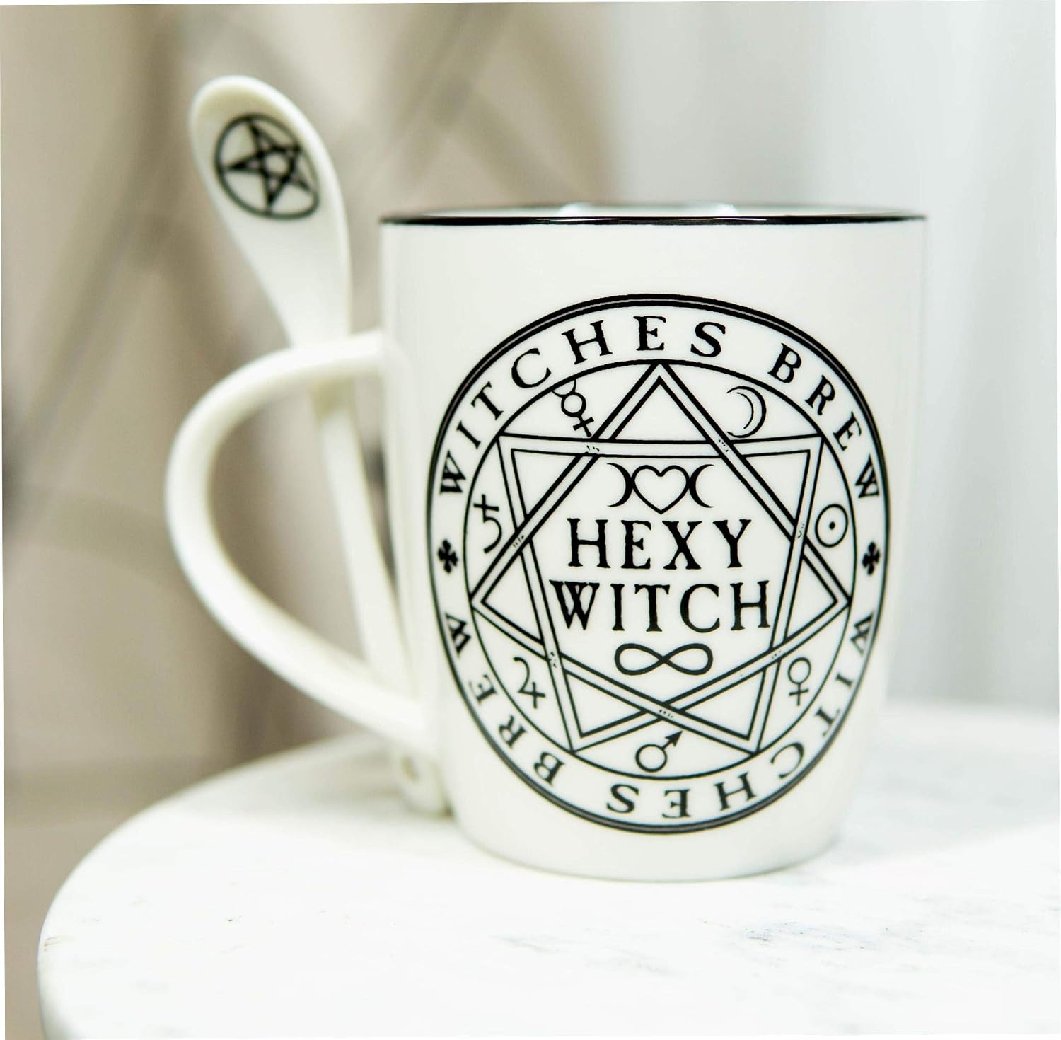 Ebros Wicca Sacred Magical Symbols Pentacles Hexy Witch Witches Brew Porcelain Mug And Spoon Set With Built In Spoon Rest Handle 13oz Coffee Tea Drink Cup Mugs