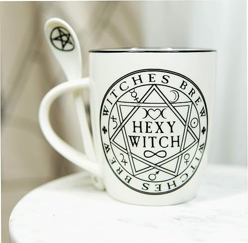 Miniatura 7 de Ebros Wicca Símbolos Magicos Sagrados Pentáculos Hexy Witch Witches Brew Taza y cuchara de porcelana con mango integrado de soporte de cuchara de 13
