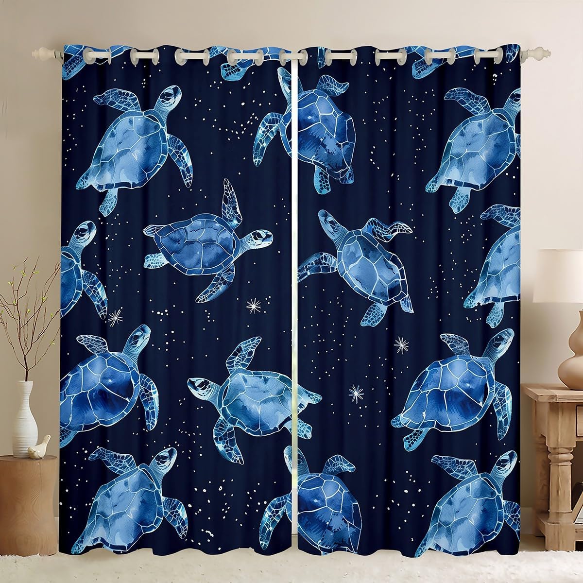 Feelyou Sea Turtle Curtains for Bedroom Living Room (2 Panels, 52 x 63 Inch) Ocean Room Darkening Blackout Curtain Reptile Tortoise Darkening Dreapes Ocean Blue Window Treatments