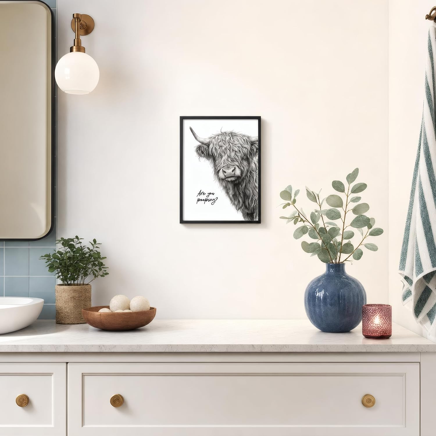 VeroTin Funny Bathroom Decor - Restroom Sign - Highland Cow UNFRAMED