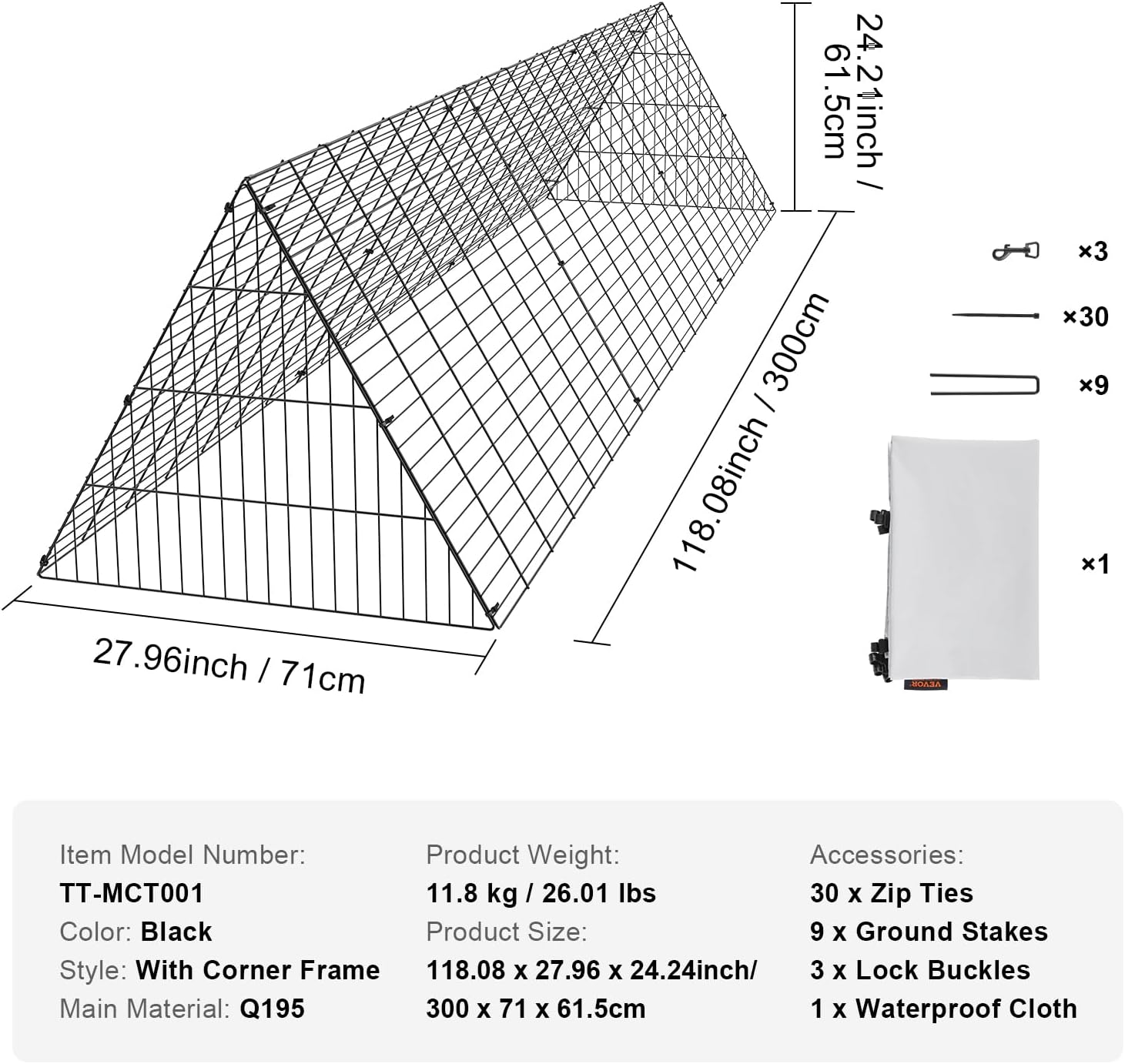 VEVOR Chicken Tunnels for Yard, Metal Poultry Playpen for Outside with Waterproof Cover & Corner Frames, 118.1 x 28 x 24.2 inch (LxWxH), Easy to Setup, Also Widely Used for Ducks, Rabbits, Geese Coop