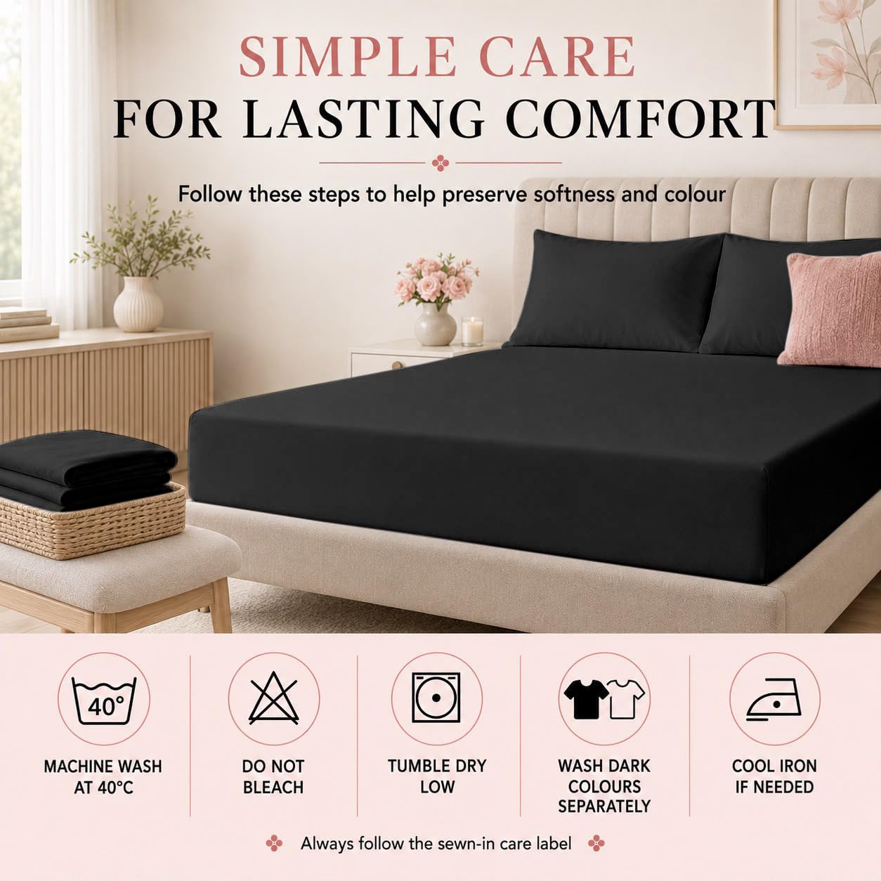 2 Pack King Microfibre Fitted Sheets 30cm Deep Bed Sheets, Black - Image 4