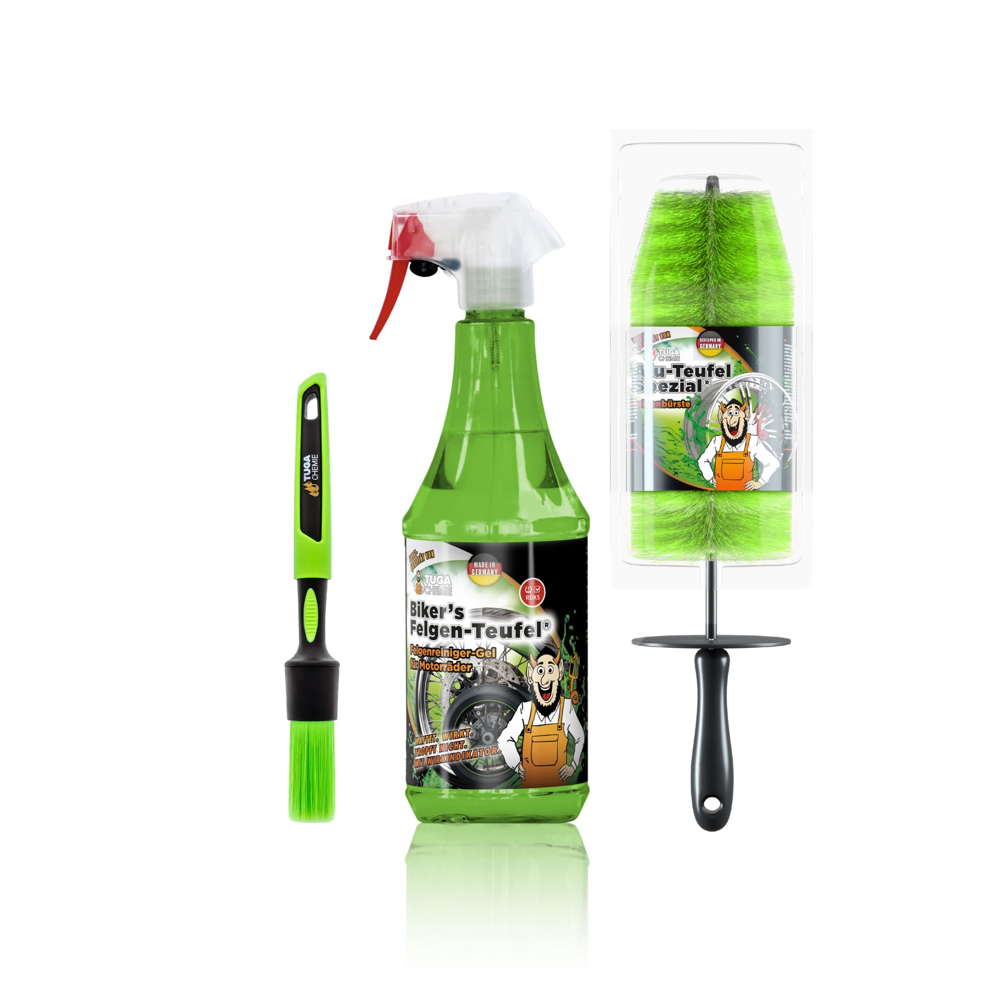 TUGA Chemie Biker's Felgen Teufel 1L Set – Felgenreiniger, Felgenbürste & Felgenpinsel