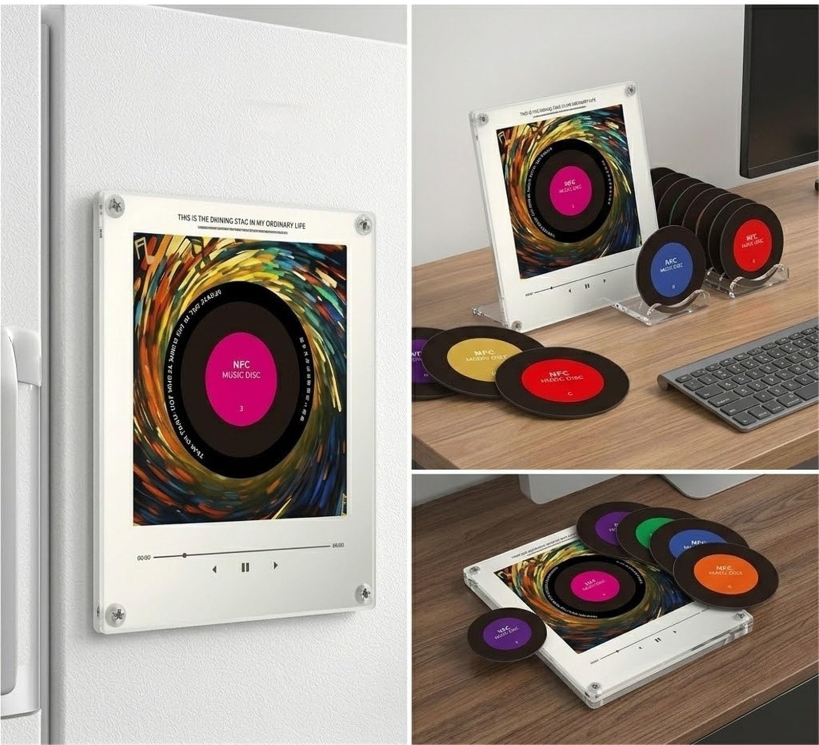 Retro-Musik-Kühlschrankmagnete Mit Programmierbarem NFC-Player-Set, 9-teilig, Vintage-Schallplatten-Kühlschrankmagnete, 128 MB, Mini-Jukebox Mit LED-Licht