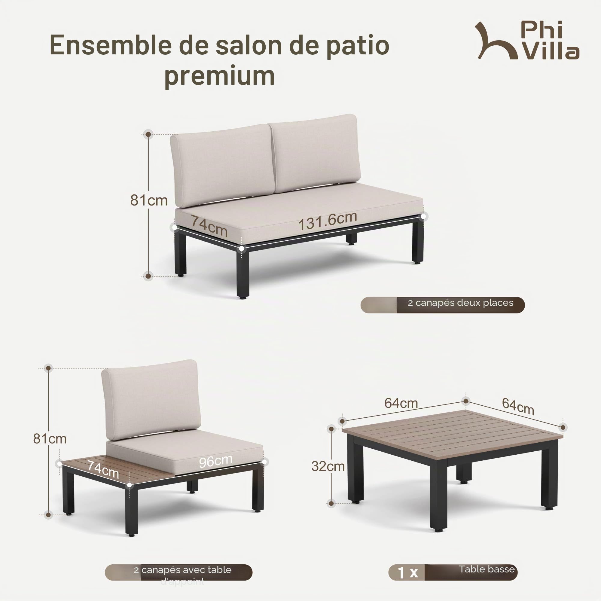 PHI VILLA Ensemble de meubles de jardin de balcon 5 pièces en métal - Salon de jardin d'extérieur 6 places - Mobilier de terrasse modulaire avec coussins renforcés et table basse - Beige
