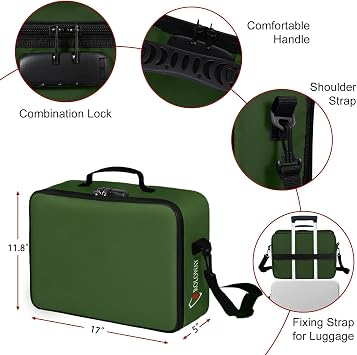 ROLOWAY Fireproof Document Bag with Lock (17 x 11.8 x 5 inch), Important Document Storage Bag with Multi-Layer File Organizers (Green)