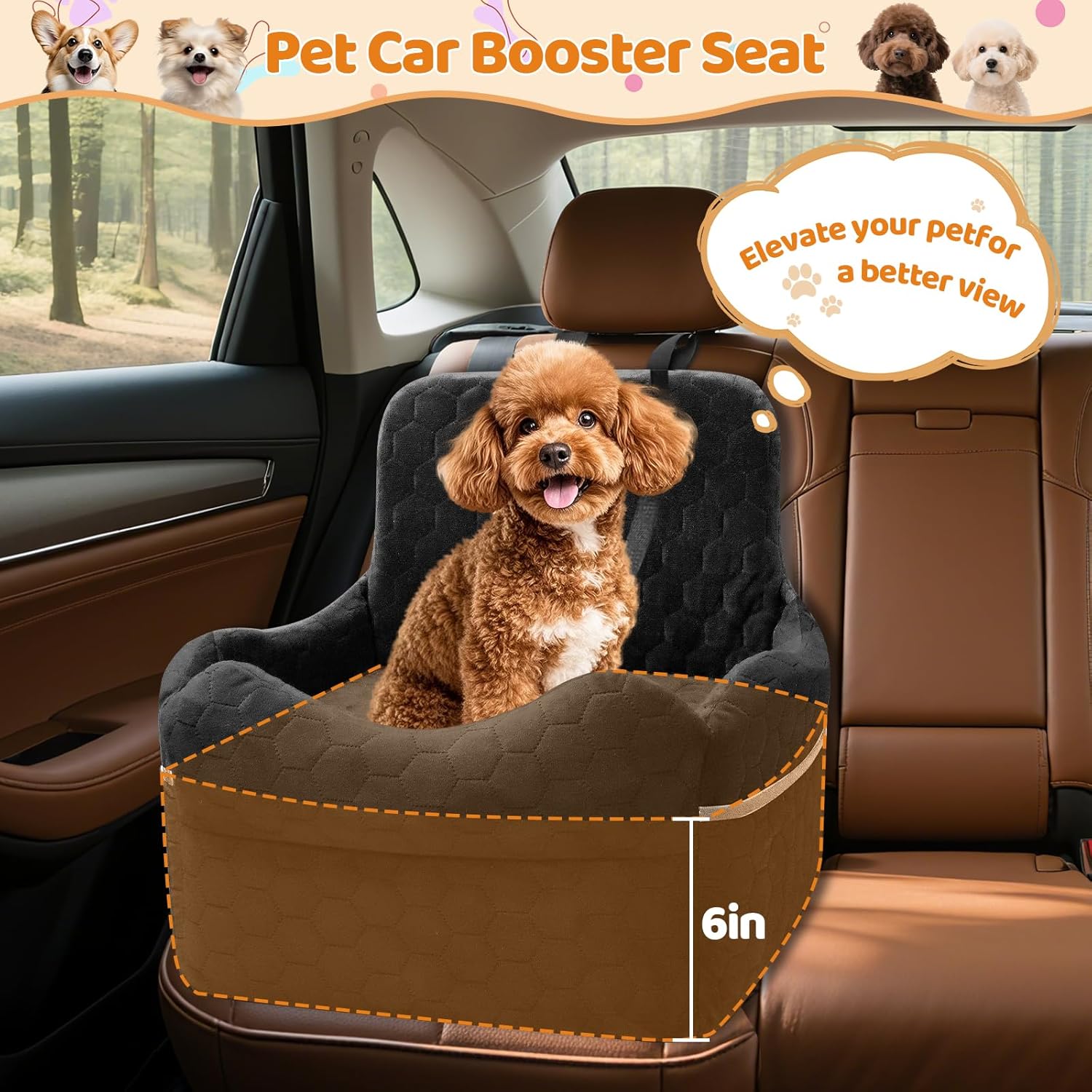 Dog Car Seat for Small/Medium Dogs - Puppy Car Seat Under 35 lbs with Thick Elevated Cushion & Safety Belt for Travel - Detachable & Washable Dog Booster Seat with 2 Sides Storage Pockets(Black)