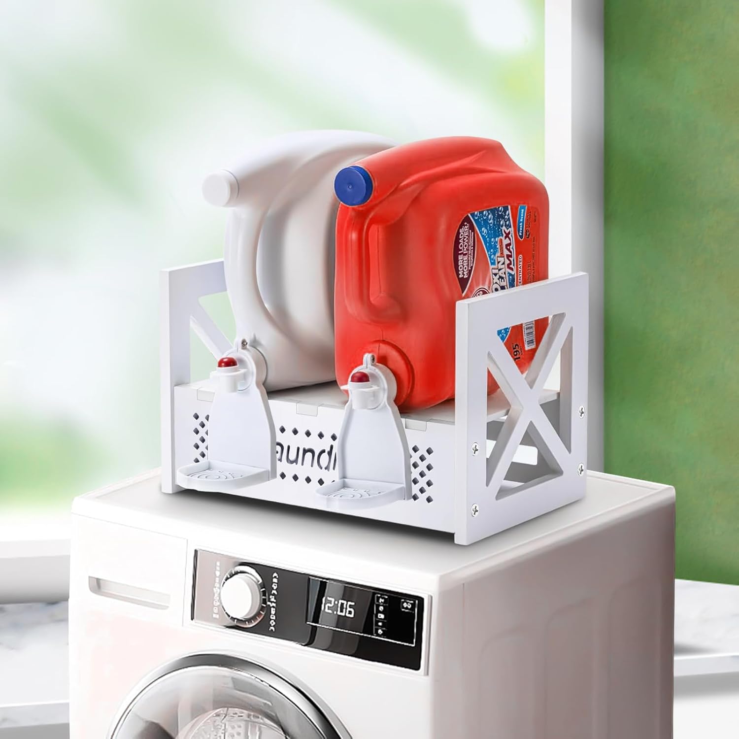 カップホルダー付きランドリー洗剤ホルダースタンド、洗濯洗剤オーガナイザー、液体ソープディスペンサー2個収納、ランドリールームの整理と