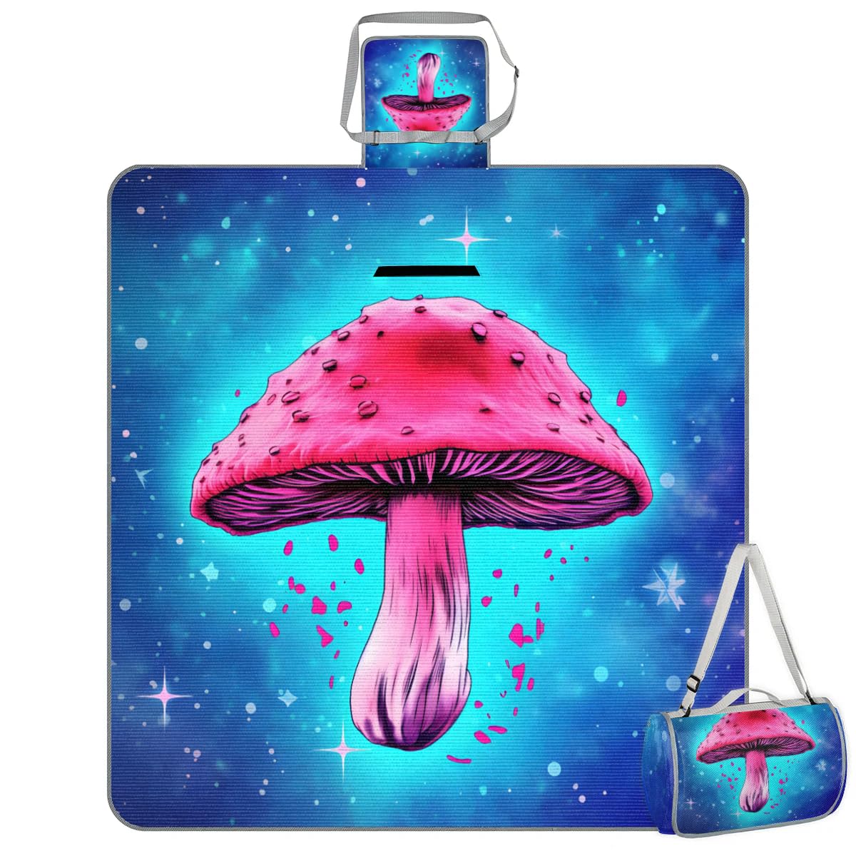 Mantas de picnic de 150 x 145 cm, diseño de hongos nocturnos galaxia, plegable, manta impermeable para playa, camping, senderismo, picnic