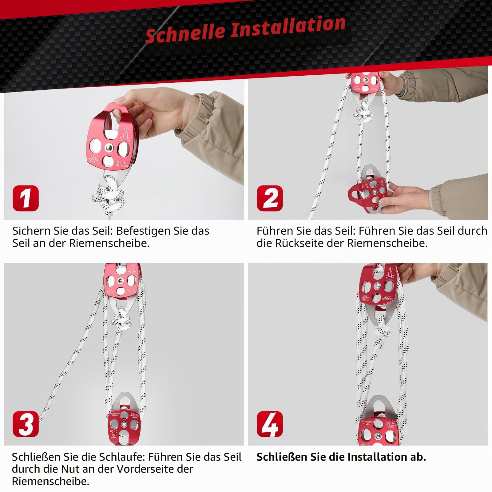 Seilrolle Umlenkrolle Edelstahl mit Nylonseil 30 m × 12 mm, 35 kN(3500 kg) Seilrolle für Garage, Dachboden & Outdoor