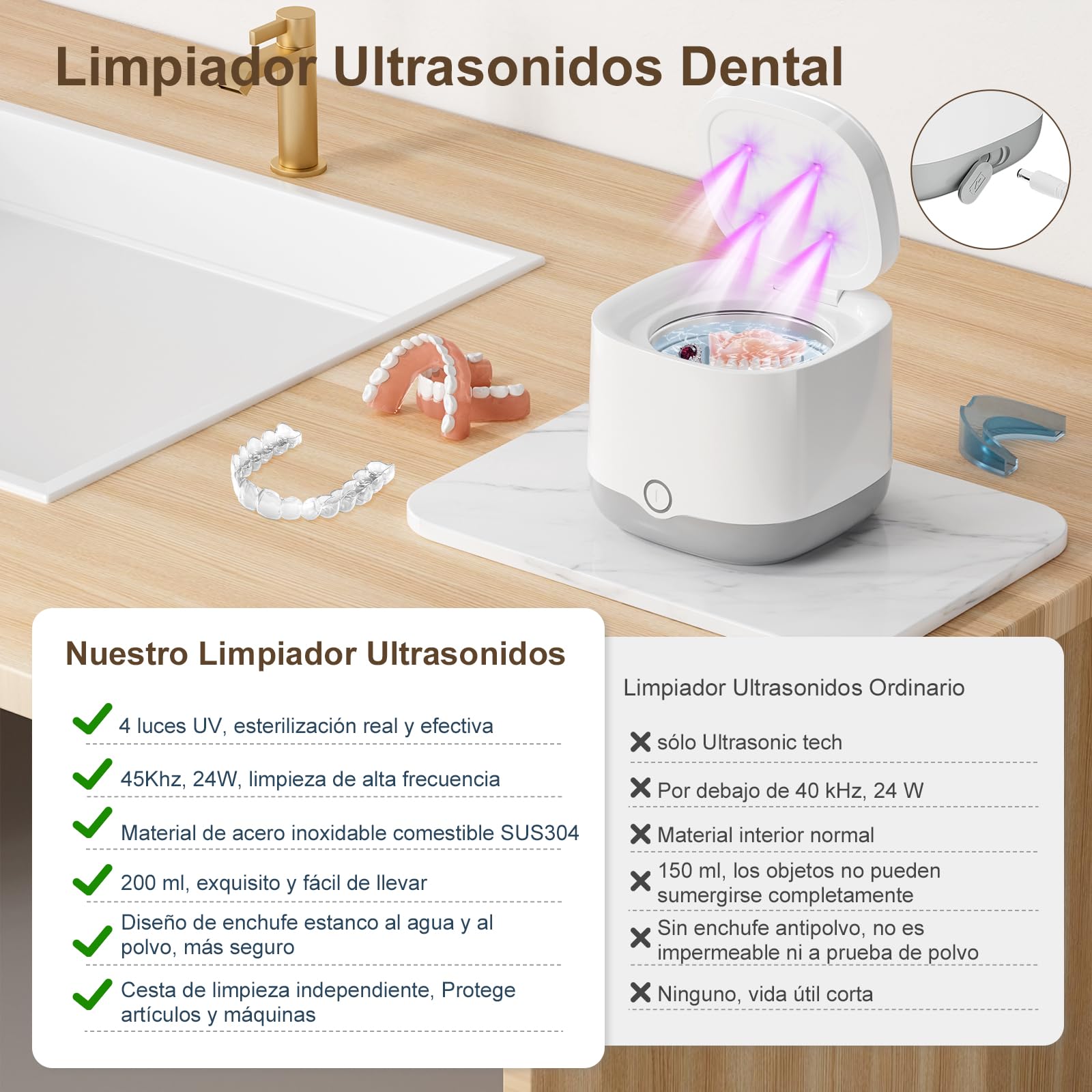 Limpiador Ultrasonidos Portátil 45000Hz con Luz UV | 24W 200ml | Para Prótesis Dentales, Retenedores, Alineadores, Férulas, Joyas | Cámara de Limpiador Ferula Dental