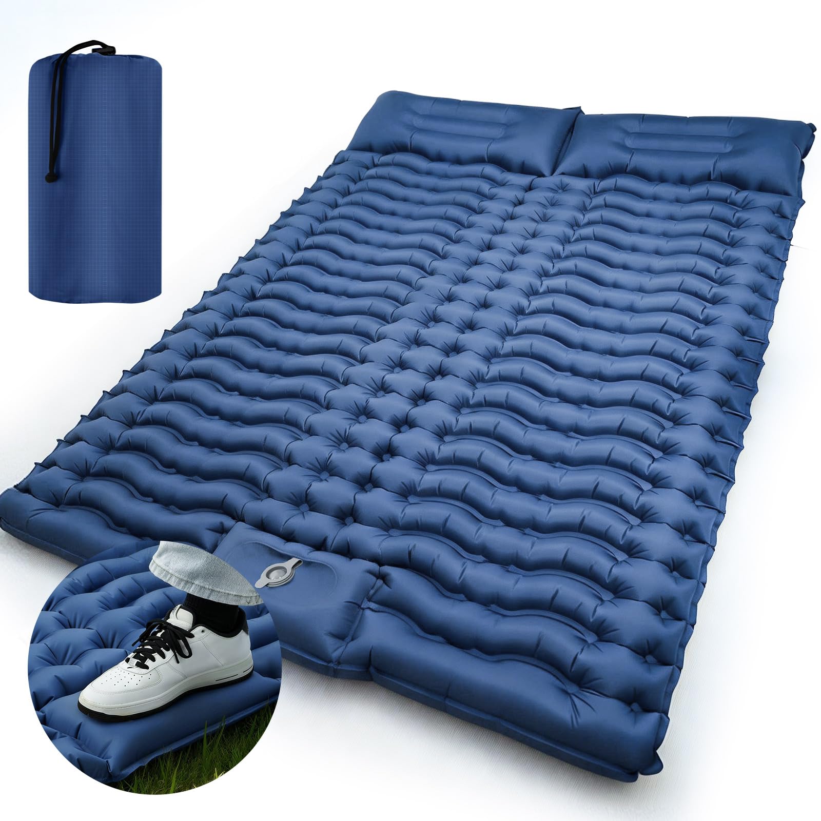Nsyee Self Inflating Camping Mat, 10cm Thick Double Camping Bed, Sleeping Mat for Camping with Built-in Foot Pump, 2 Person Portable Inflatable Sleeping Pad for Outdoor Camping, Tents, 200*140cm,Blue