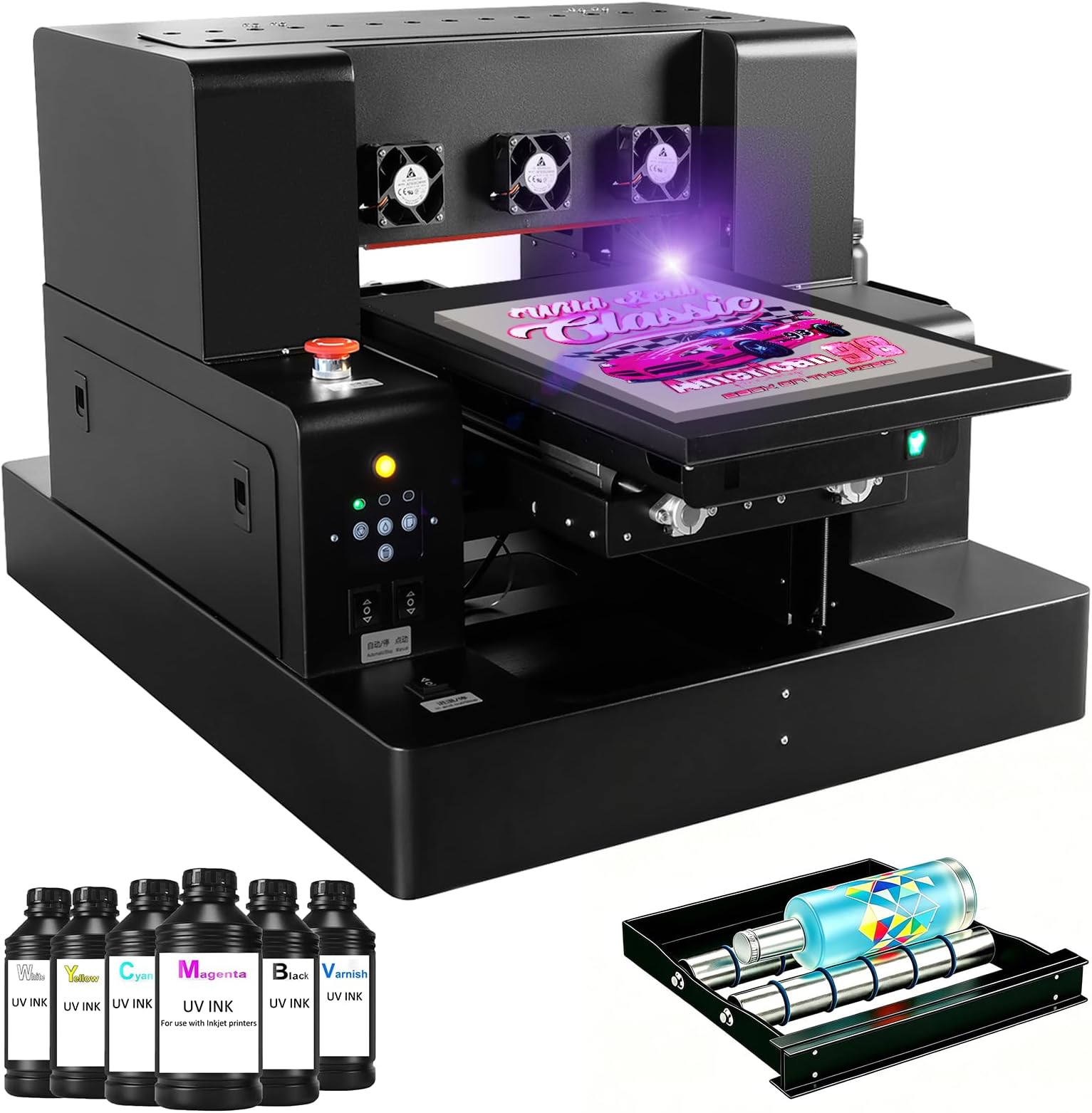 UV Printer Machine, A4 L805 UV Printer with 6 * 500ML Ink, Bottle Holder, Higher Resolution 2880 x1440dpi, Varnish Effect Printing for Bottles Phone Case Stickers Acrylic Leather Metal and More