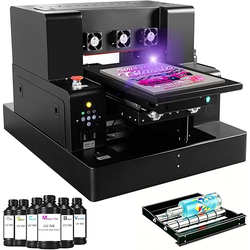 A4 XP600 UV Printer, with 6 * 500ML Ink, UV Flatbed Printer Machine with Bottle Holder, 5760 * 1440dpi, Super Fast Speed for Bottles Stickers Acrylic Wood Phone Case Leather Metal