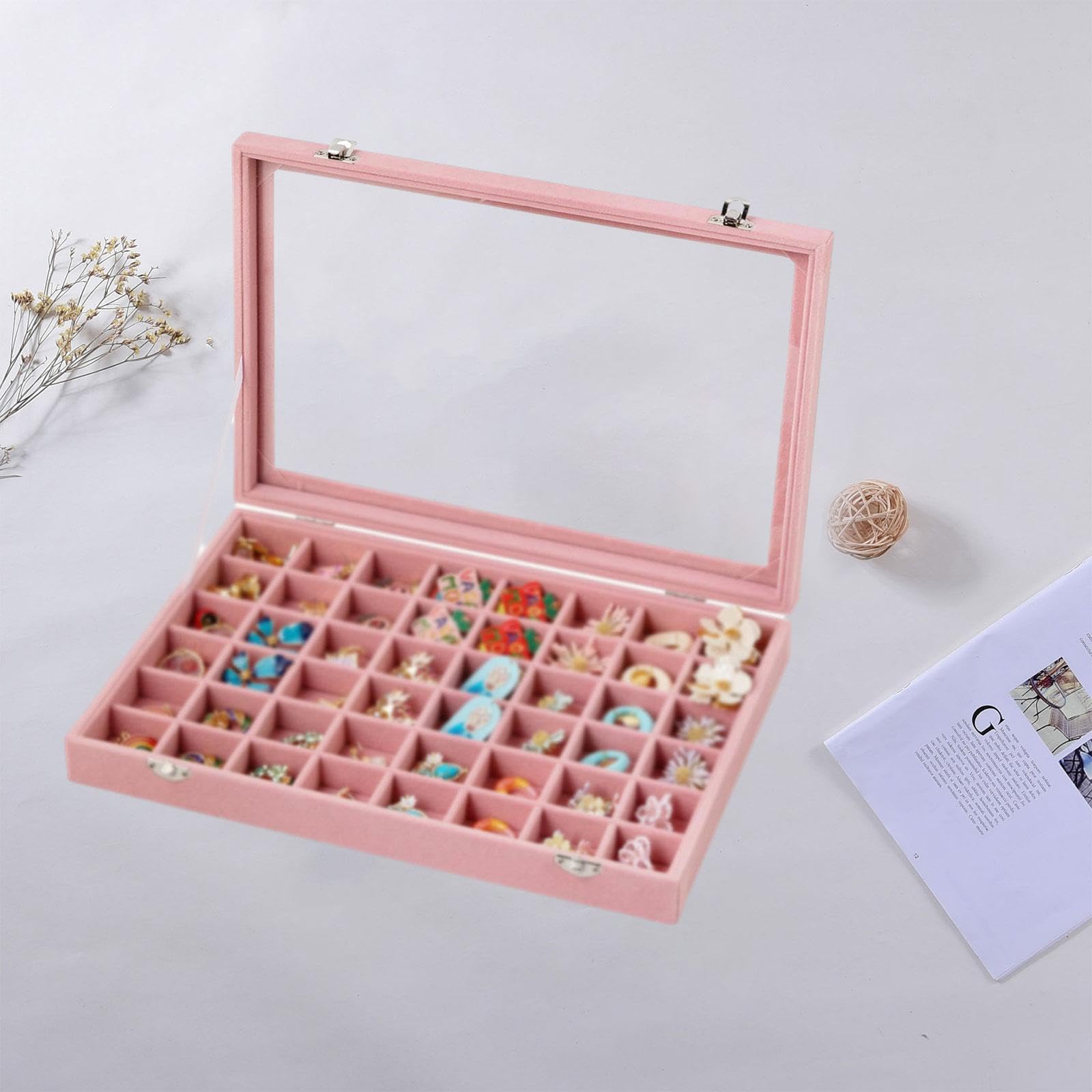 Qianly Jewelry Tray Organizer con 48 Scomparti Regolabili Porta Anelli Orecchini Collane Bracciali Custodia Robusta con Coperchio Trasparente in Tessuto, Rosa
