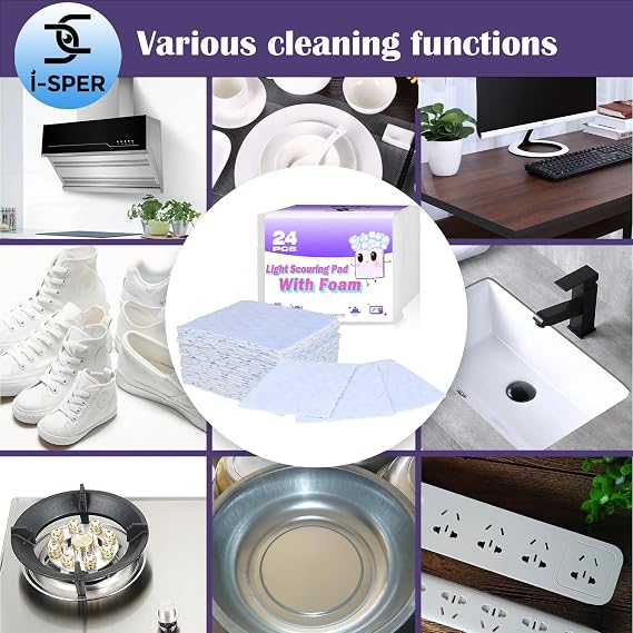 50 Pcs Light Scouring Pad with Foam, Triple Cleaning Scrub Pad Singles Heavy Duty Household Non-Scratch Abrasive Hand Pad Multi Surface Magic Sponge Eraser Sheets for Home Surfaces Indoor Cleaning