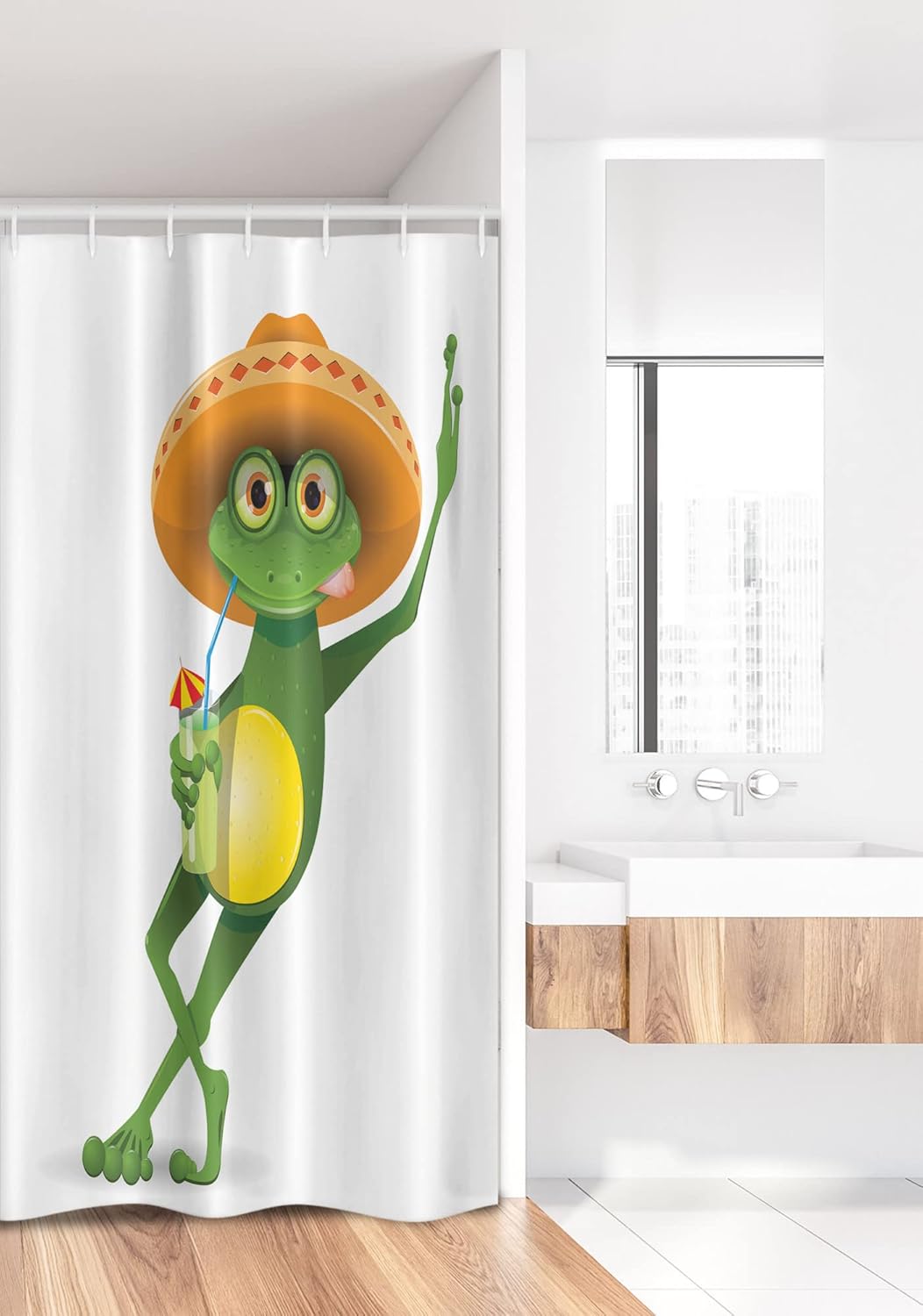 Ambesonne Cartoon Stall Shower Curtain, Frog in a Sombrero and a Cocktail Drink Glass Fauna Hot Weather Holiday, Fabric Bathroom Decor Set with Hooks, 36" W x 72" L, Green Fern