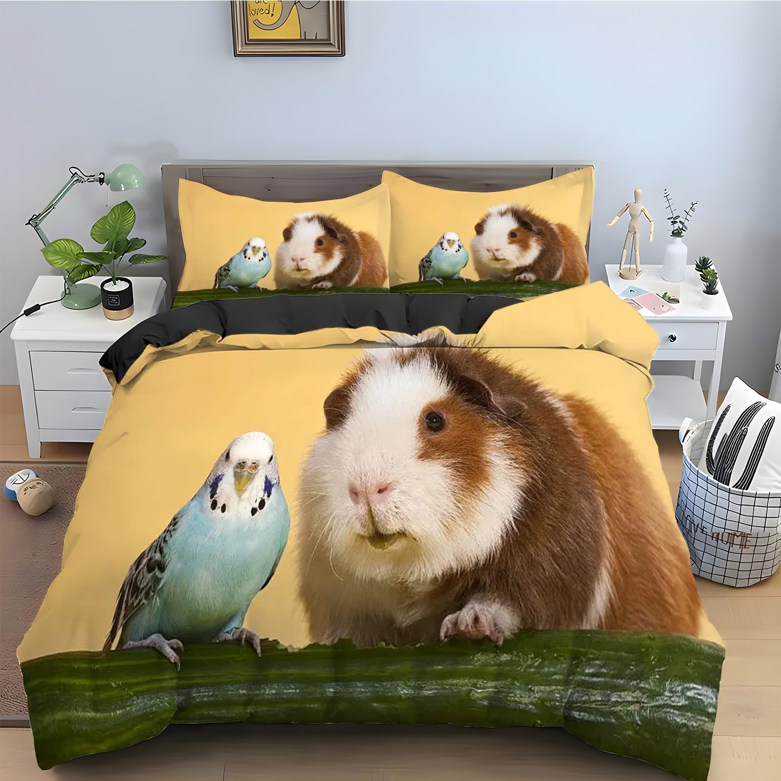 Housse de couette 200x200 hamster et oiseau avec ses deux taies d'oreiller en microfibre douce