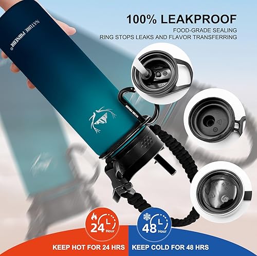 Miniatura 4 de NATURE PIONEOR Botellas de agua aisladas con mango de paracaídas, 24324064 onzas, botella de agua deportiva de boca ancha con 3 tapas, de acero