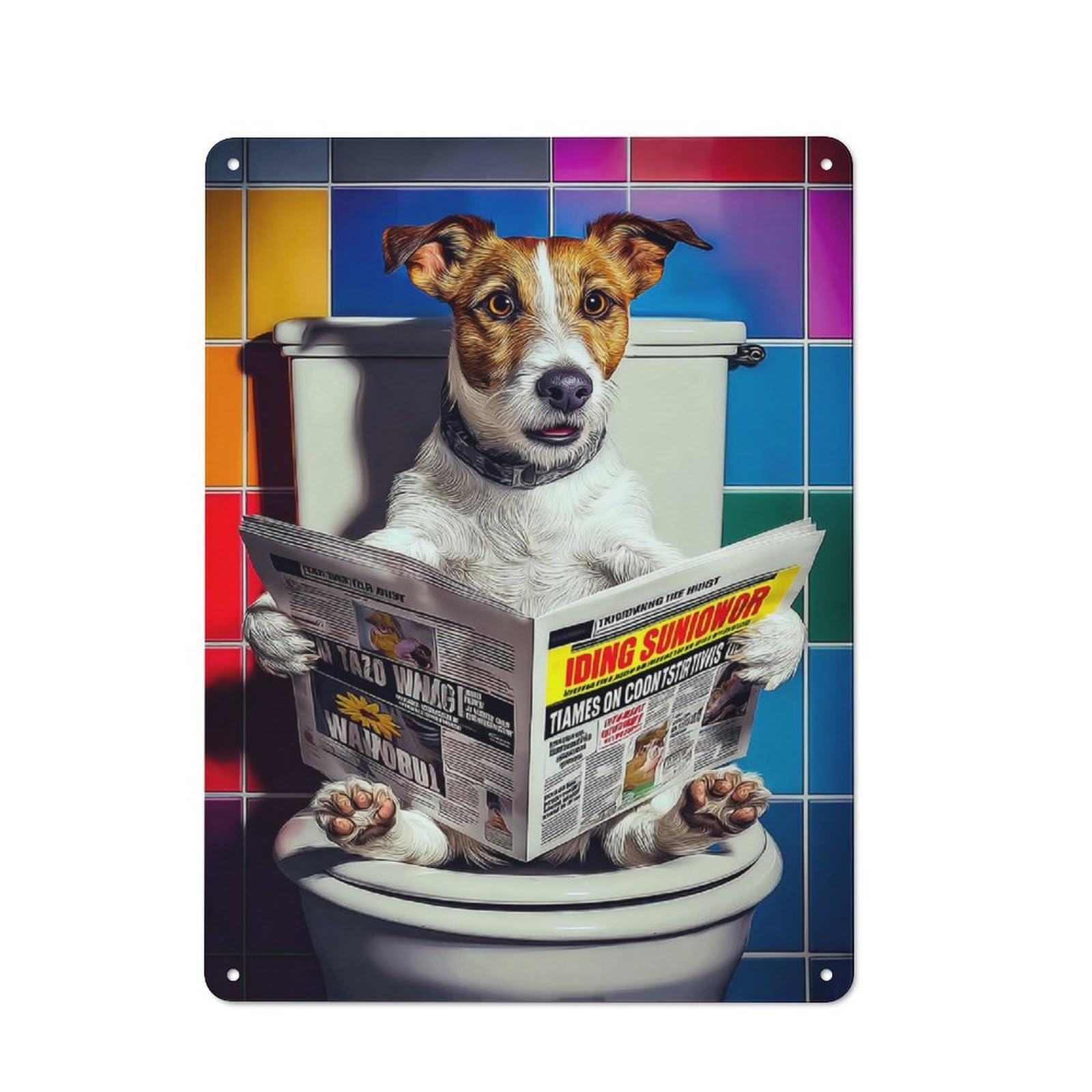 Junmoney Dog Reading Newspaper On Toilet-26 Tin Wall Plaque 40X30cm With For Garage Or Workshop, For Living Room, Hallway And Entrance Wall Decor
