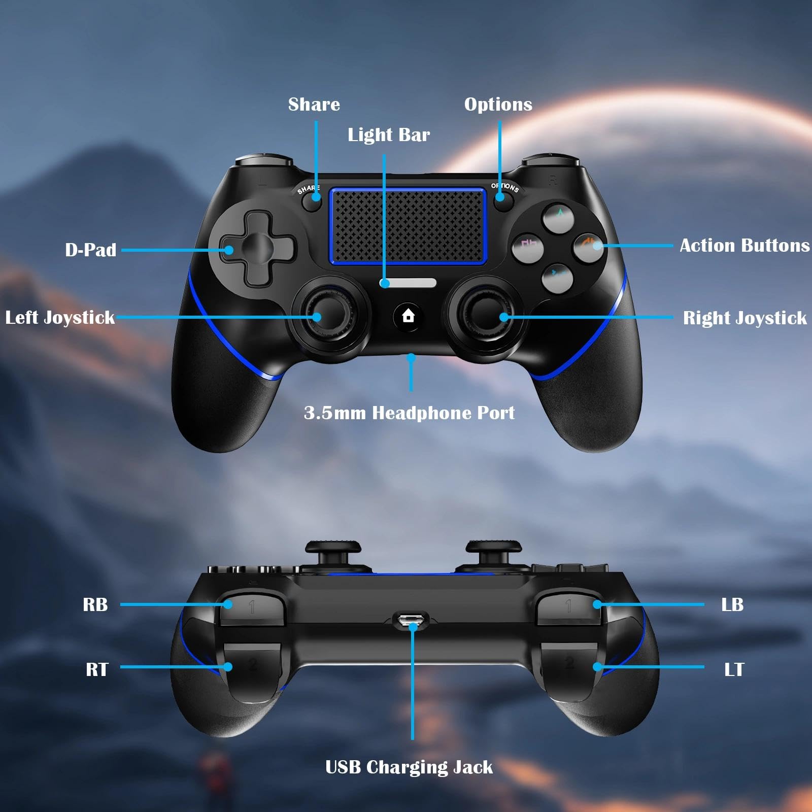 CHEREEKI Mando para PS4 con Bluetooth, Mando Inalámbrico para PS-4 con Turbo/Sensor Giroscópico de 6 Ejes/Doble Vibración/Panel Táctil/Conector de Audio de 3,5mm(600mAh)