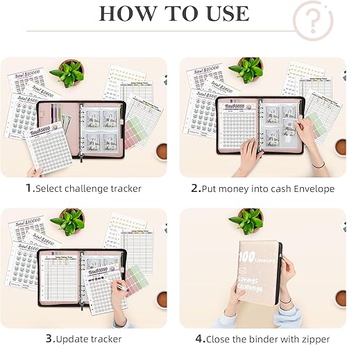 Vista 21 de Ospelelf Carpeta de piel sintética con cierre de cremallera, 100 sobres, para ahorro de dinero, para dinero en efectivo 2025, color negro
