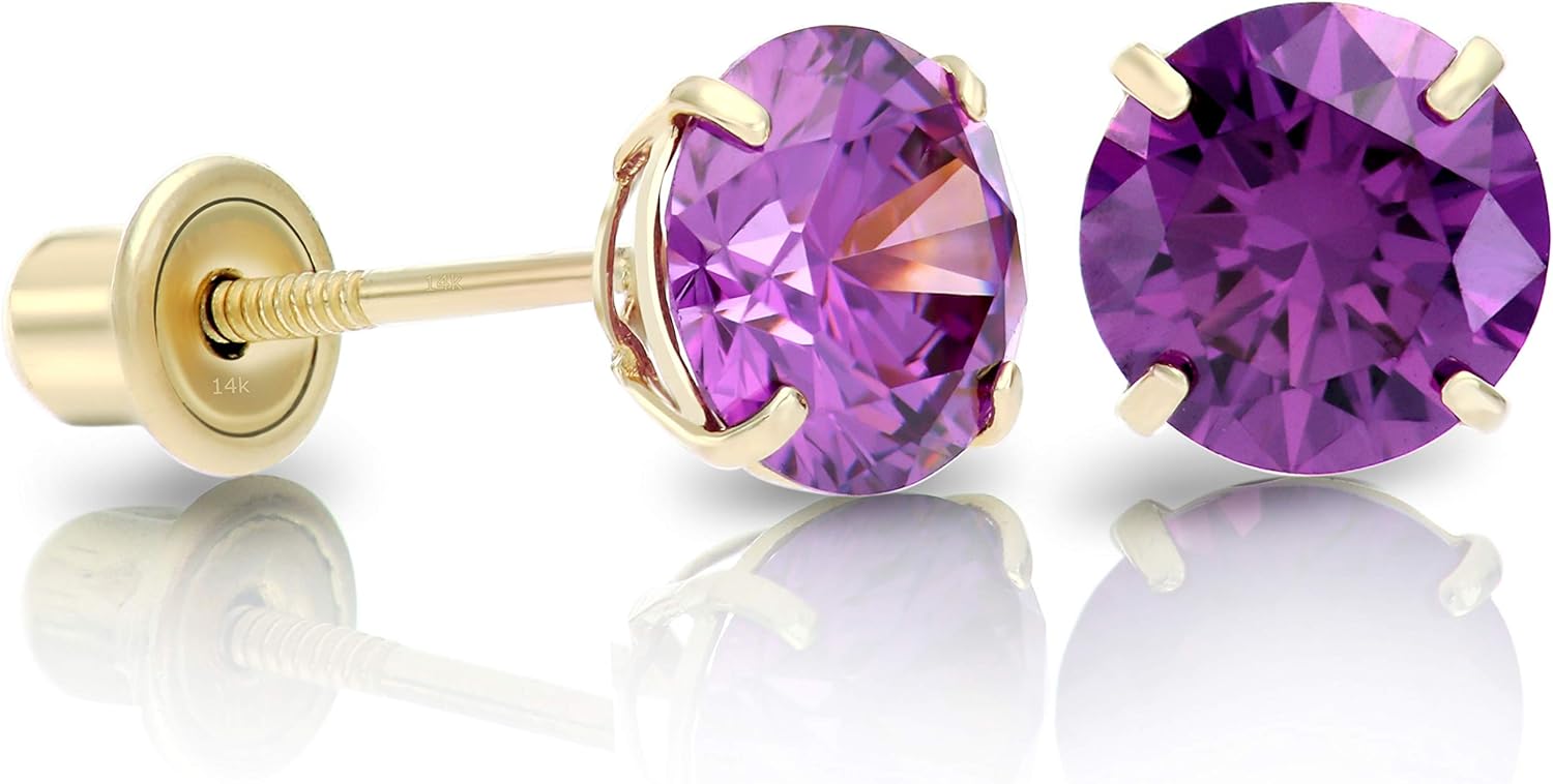 14k Yellow Gold 5mm Amethyst Round-Cut Solitaire Stud Earrings Screw-back February Birthstone Earrings - Image 5